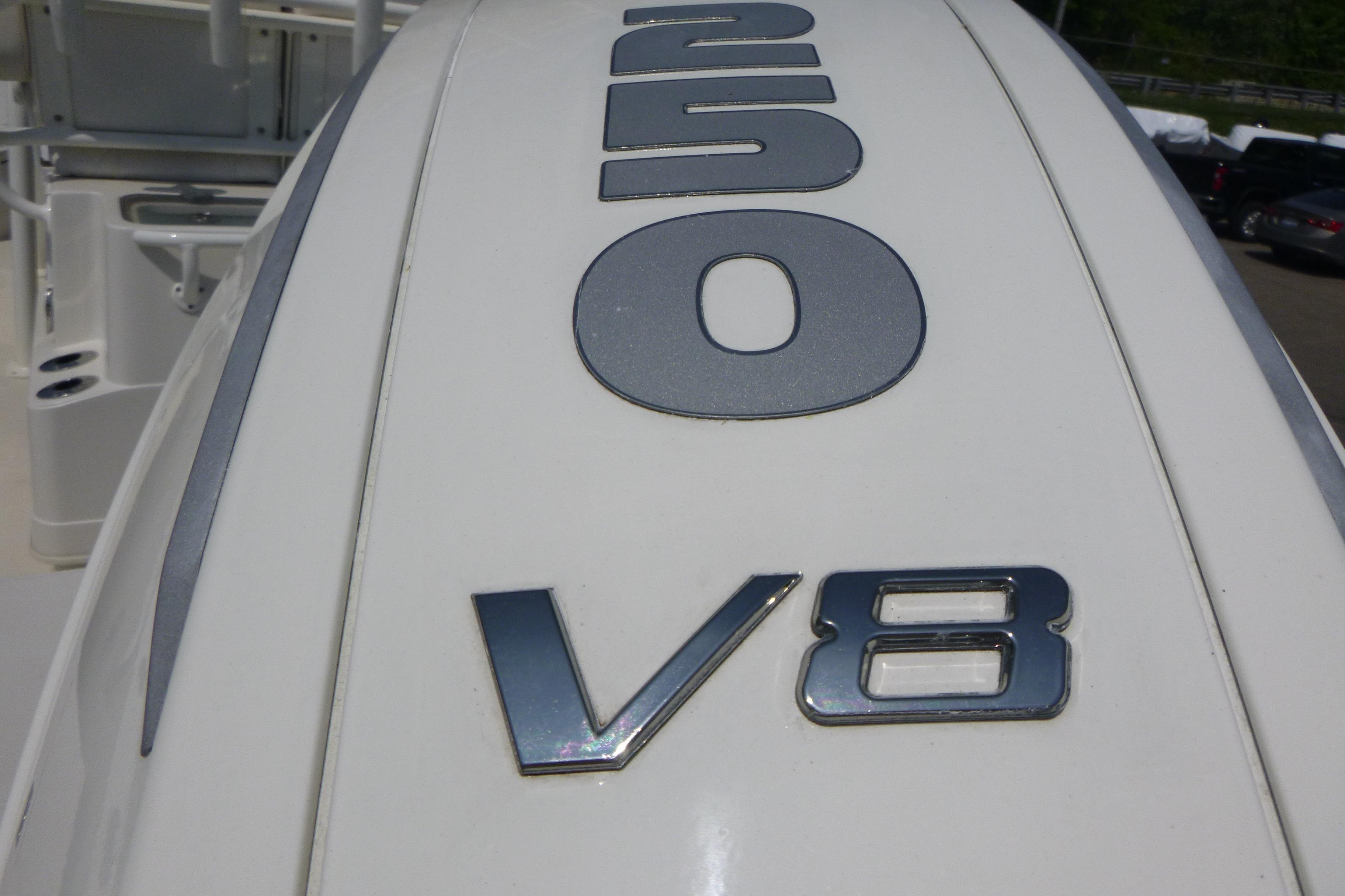 Close-up of 2024 Ranger 2360 Bay boat's V8 engine cover.