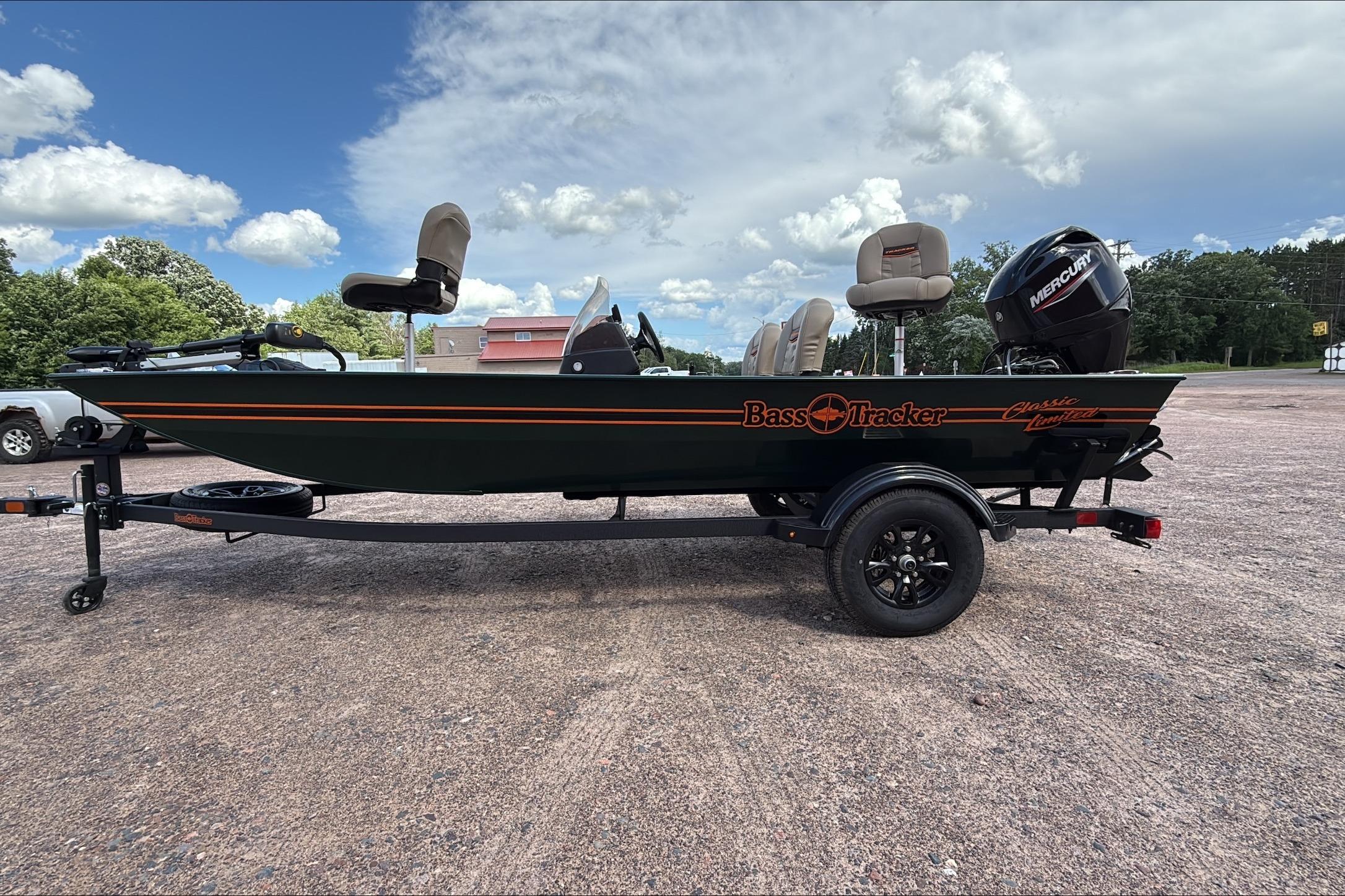 2026 Tracker Bass Tracker Classic Limited boat on trailer under a cloudy sky.