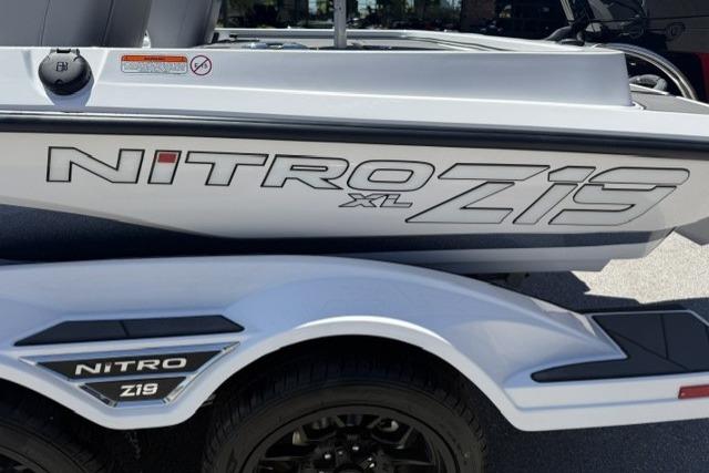 2026 Nitro Z19 XL Pro boat on trailer, showcasing sleek design and branding.