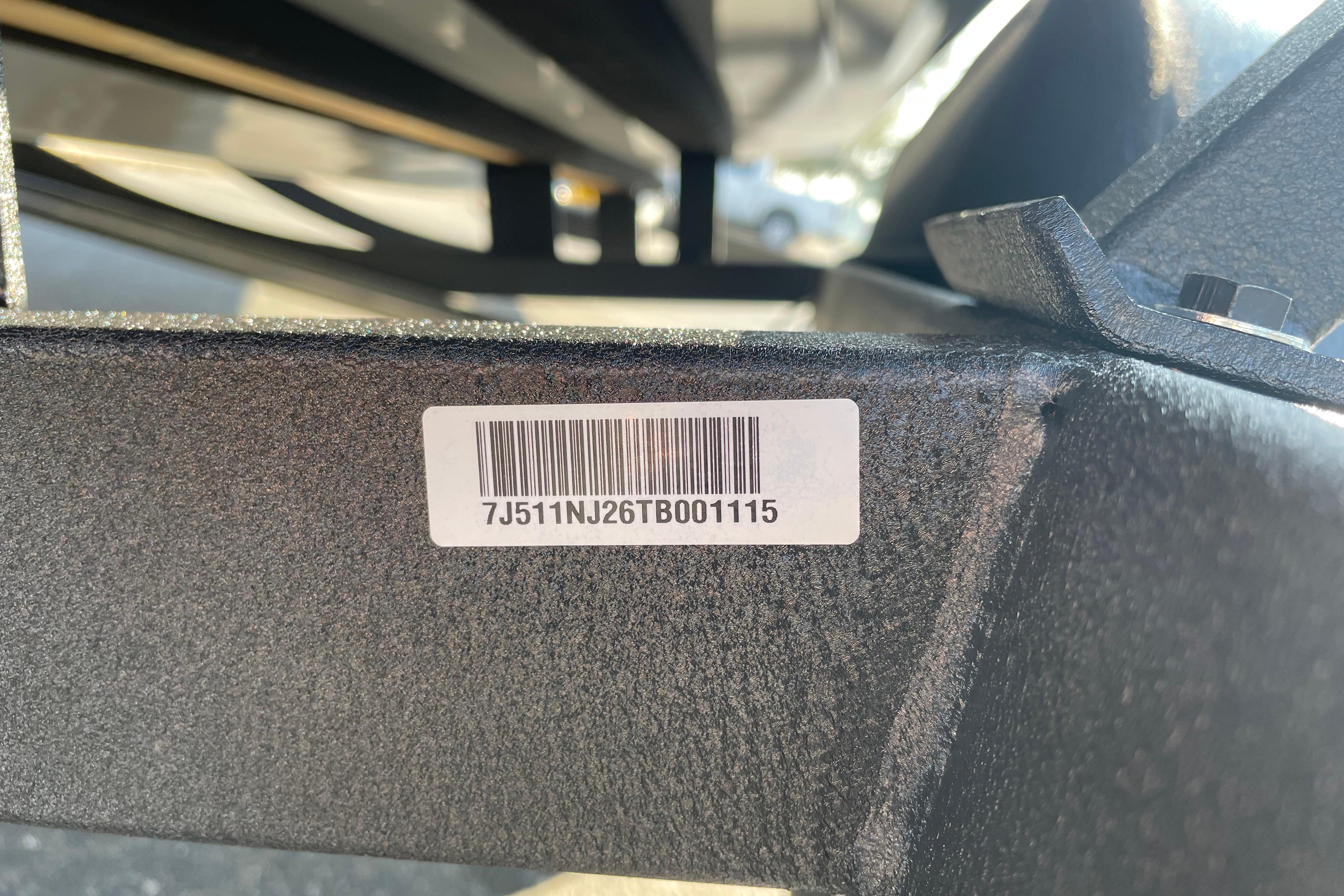 Barcode on 2026 Tracker Pro Guide V-175 WT boat trailer frame.