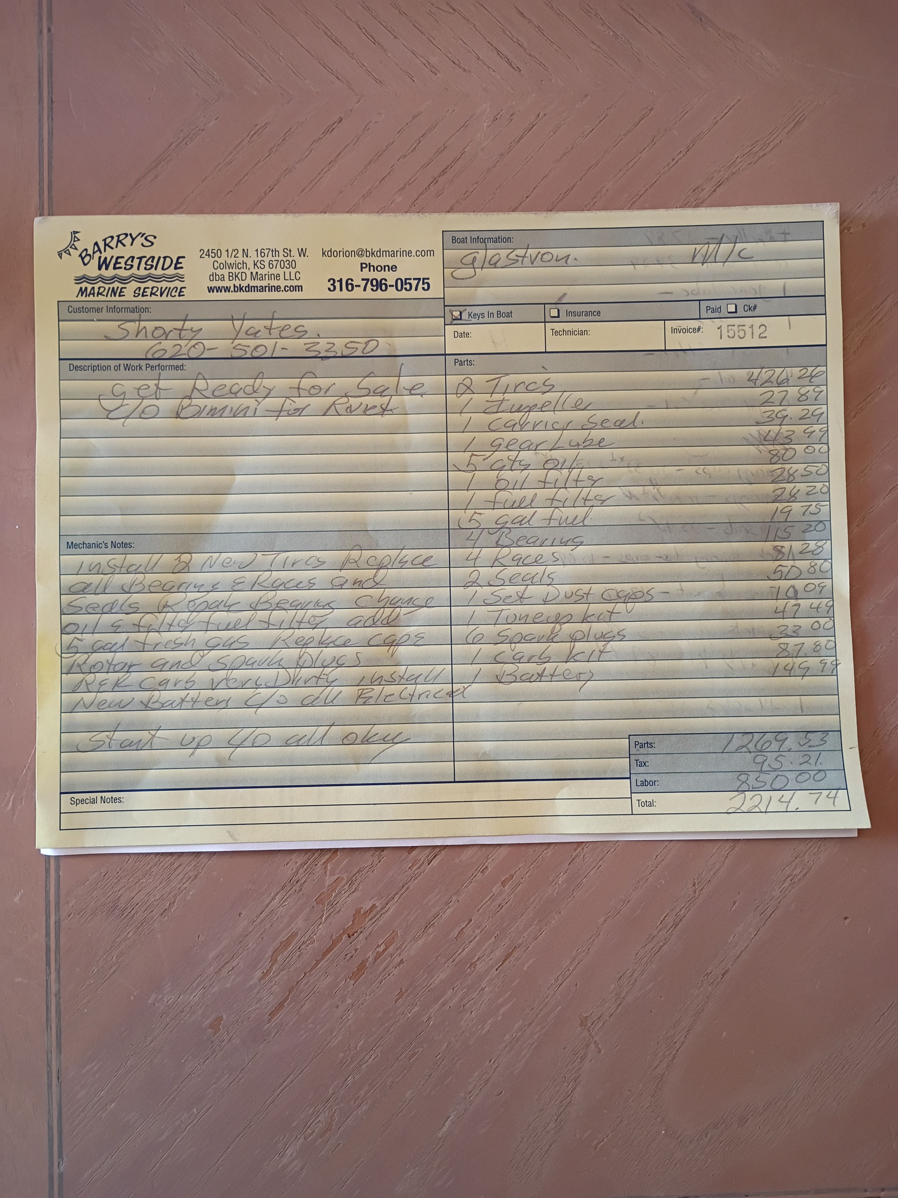 Invoice for Glastron MX 185 boat maintenance, 2010 model.