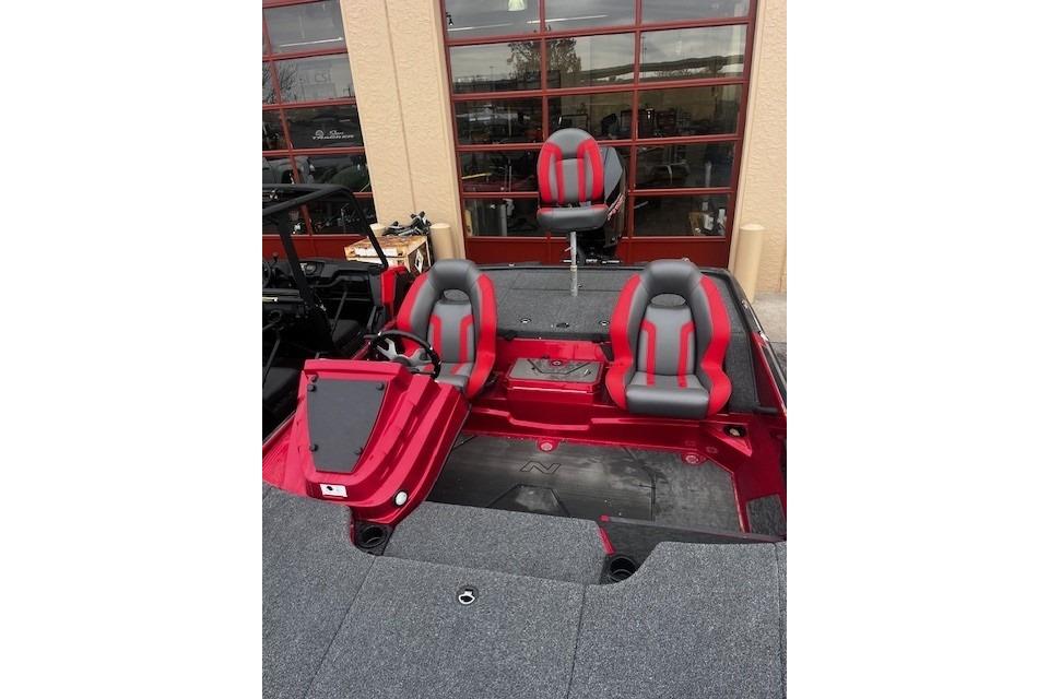 2025 Nitro Z20 XL Pro boat interior with red and gray seating.
