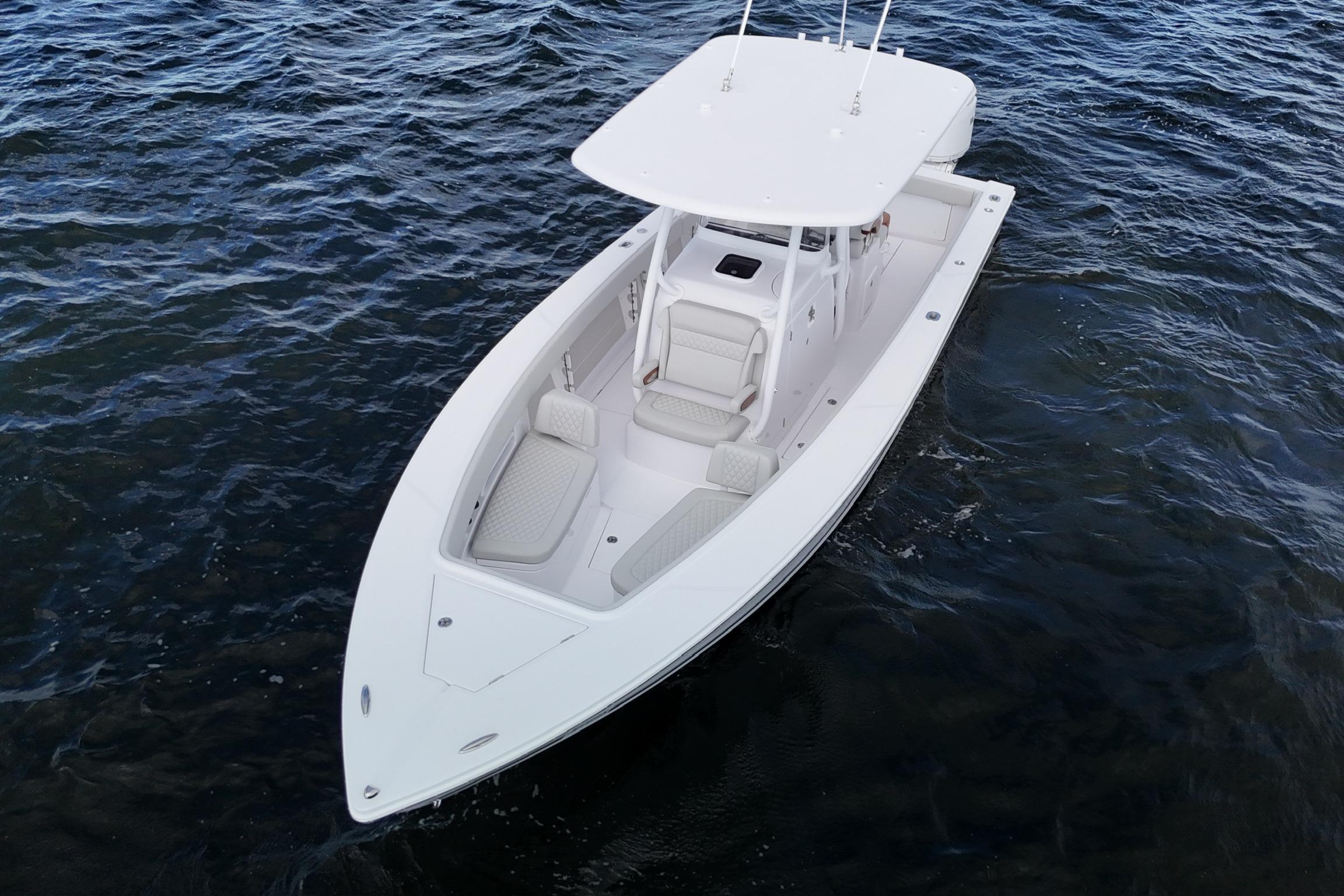 2026 Jupiter 30 boat on open water, aerial view.