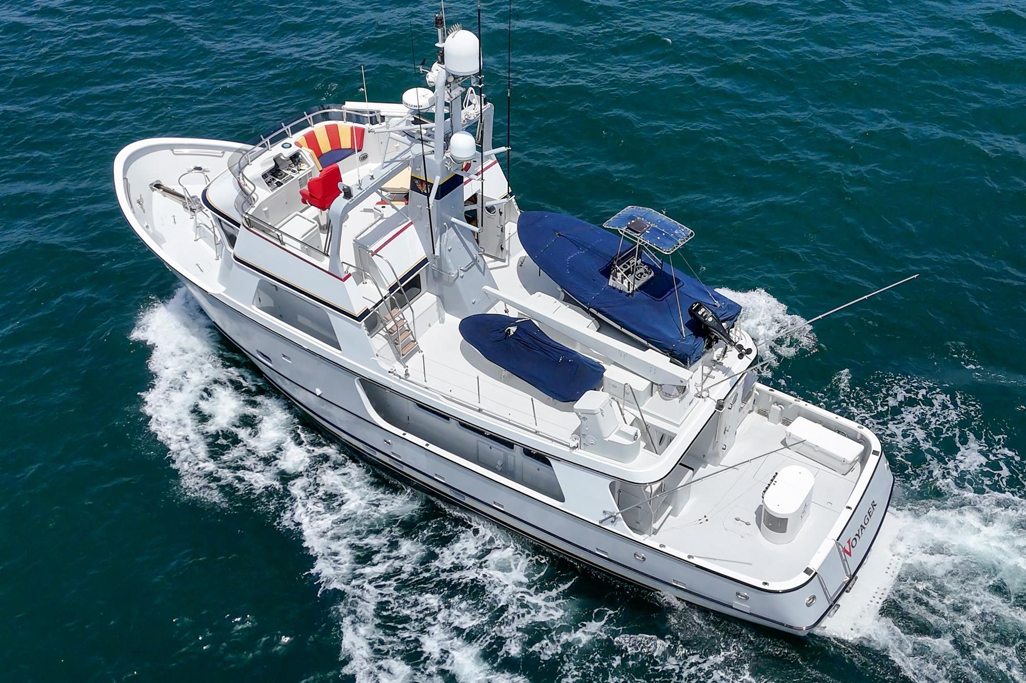 Aerial view of 1990 Seaton Long Range Cruiser navigating ocean waters.