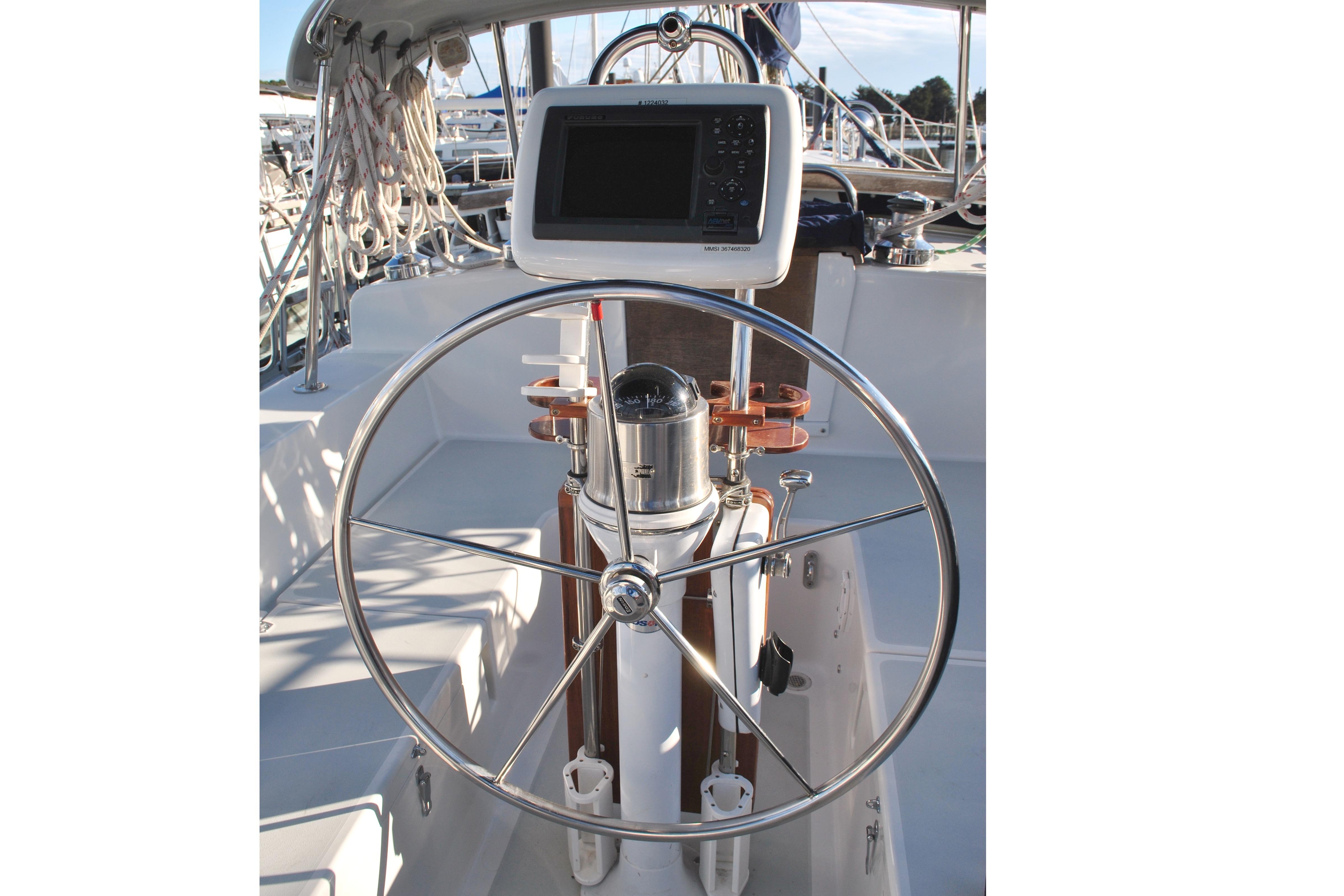 Steering wheel and navigation system on 2010 Valiant 42 CE/SE sailboat.