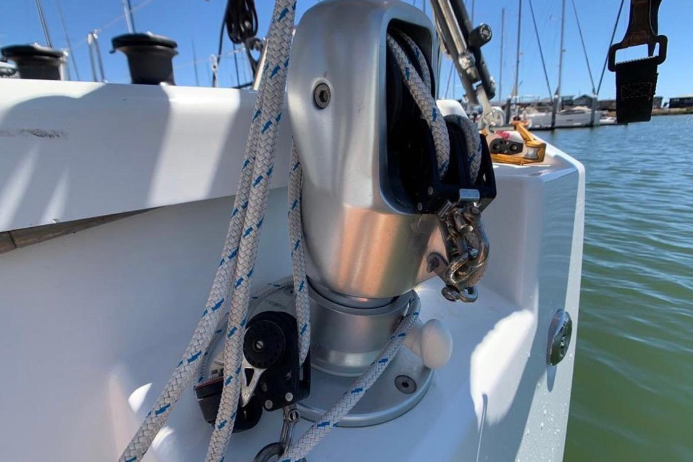 Close-up of Beneteau Oceanis 46.1 sailboat rigging, showcasing ropes and hardware, 2020 model.
