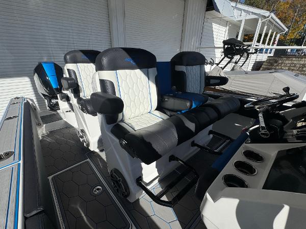2024 Fountain 34 SC boat interior with luxurious seating and modern design.