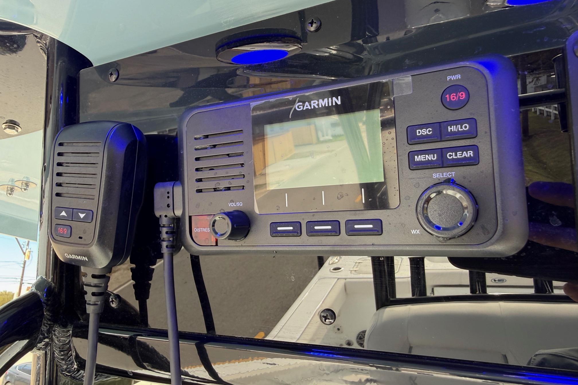 Garmin marine radio on 2026 Sea Hunt Gamefish 30 Coffin Box boat dashboard.