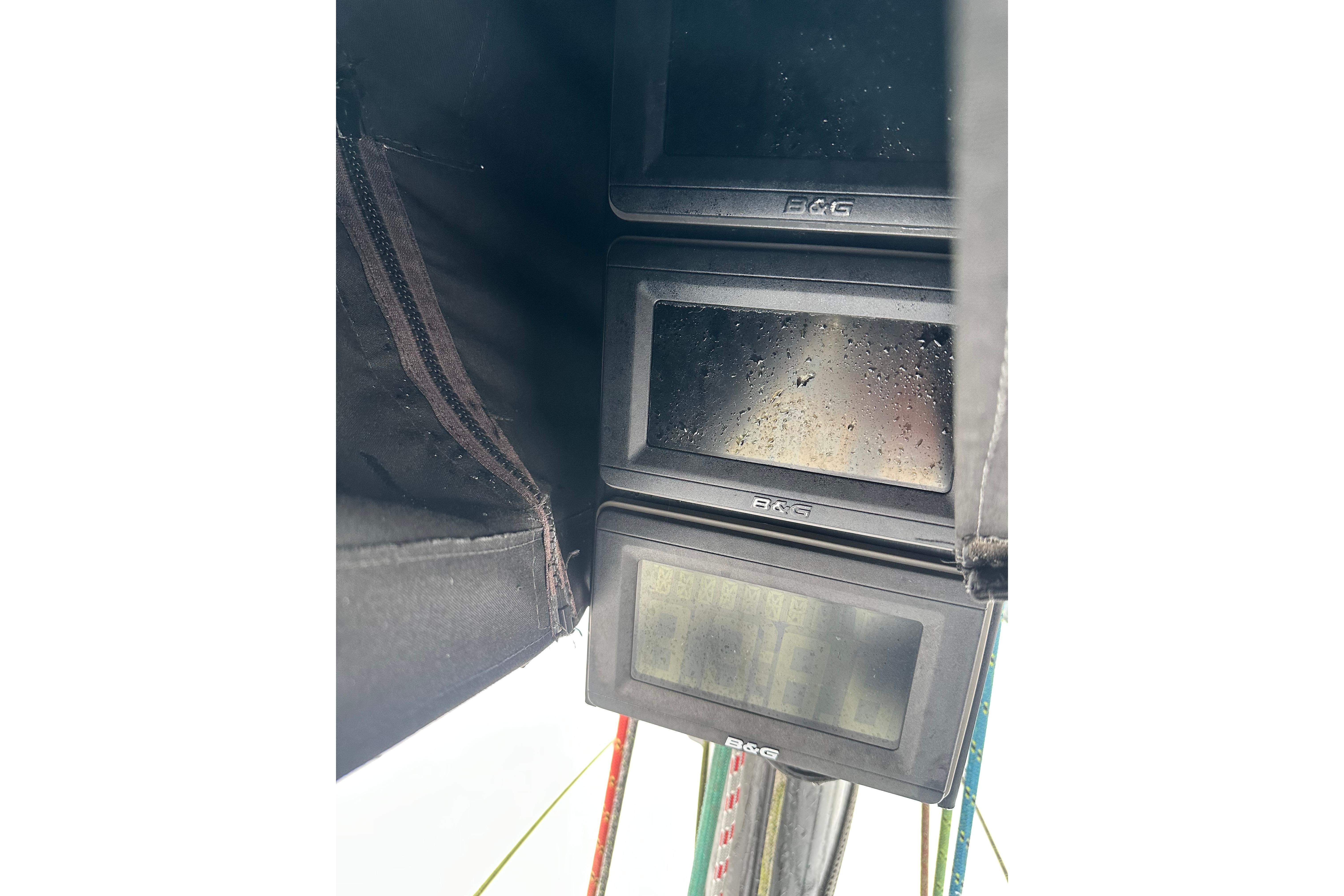 B&G navigation displays on a 1994 Farr 40 ILC yacht, with visible moisture.