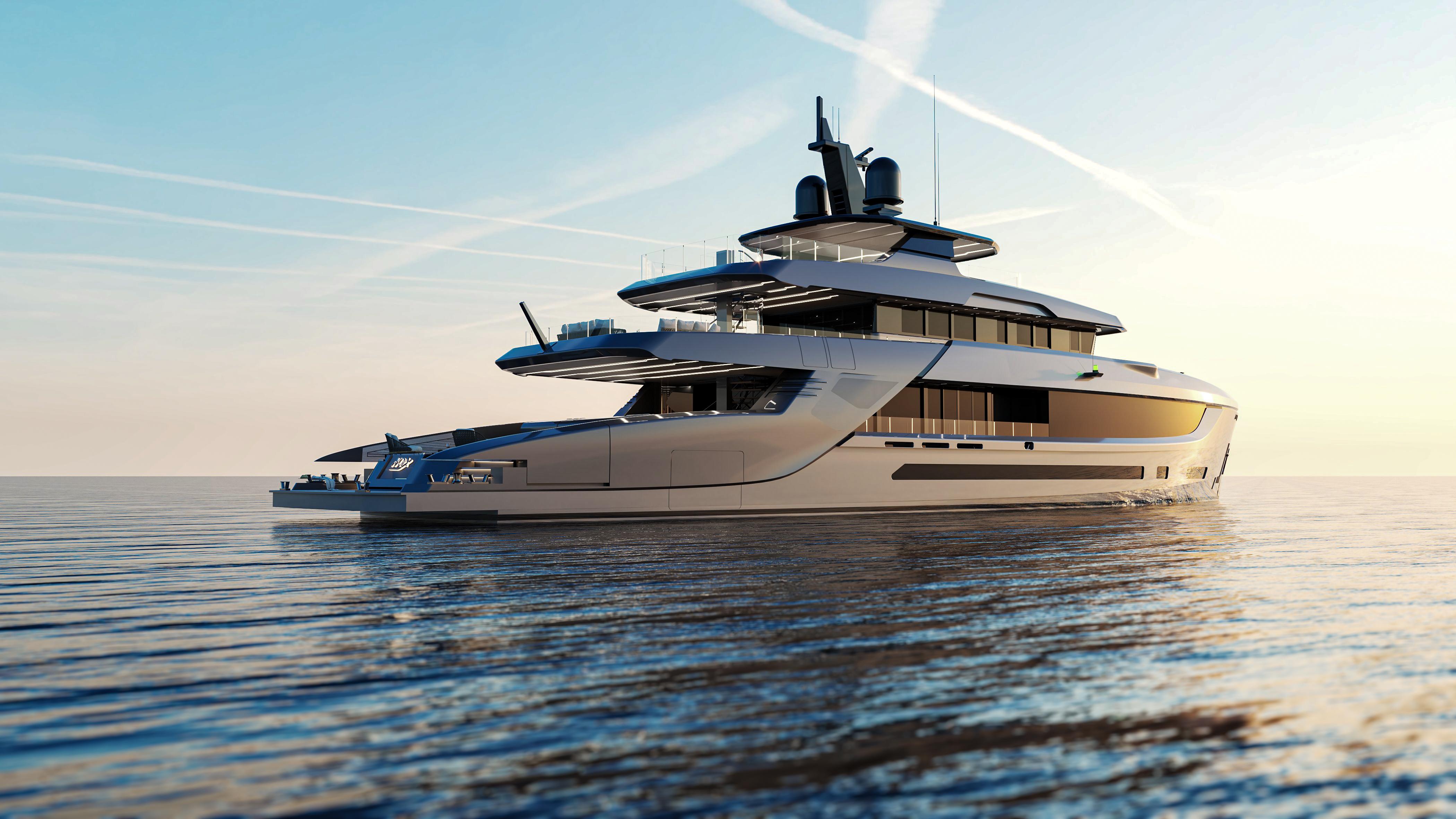 Futuristic NOA 46 yacht on calm sea at sunset, 2025 model.