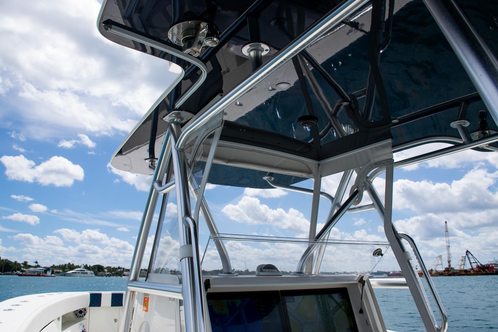 2022 SeaVee 390Z boat with sleek design, under a clear blue sky.