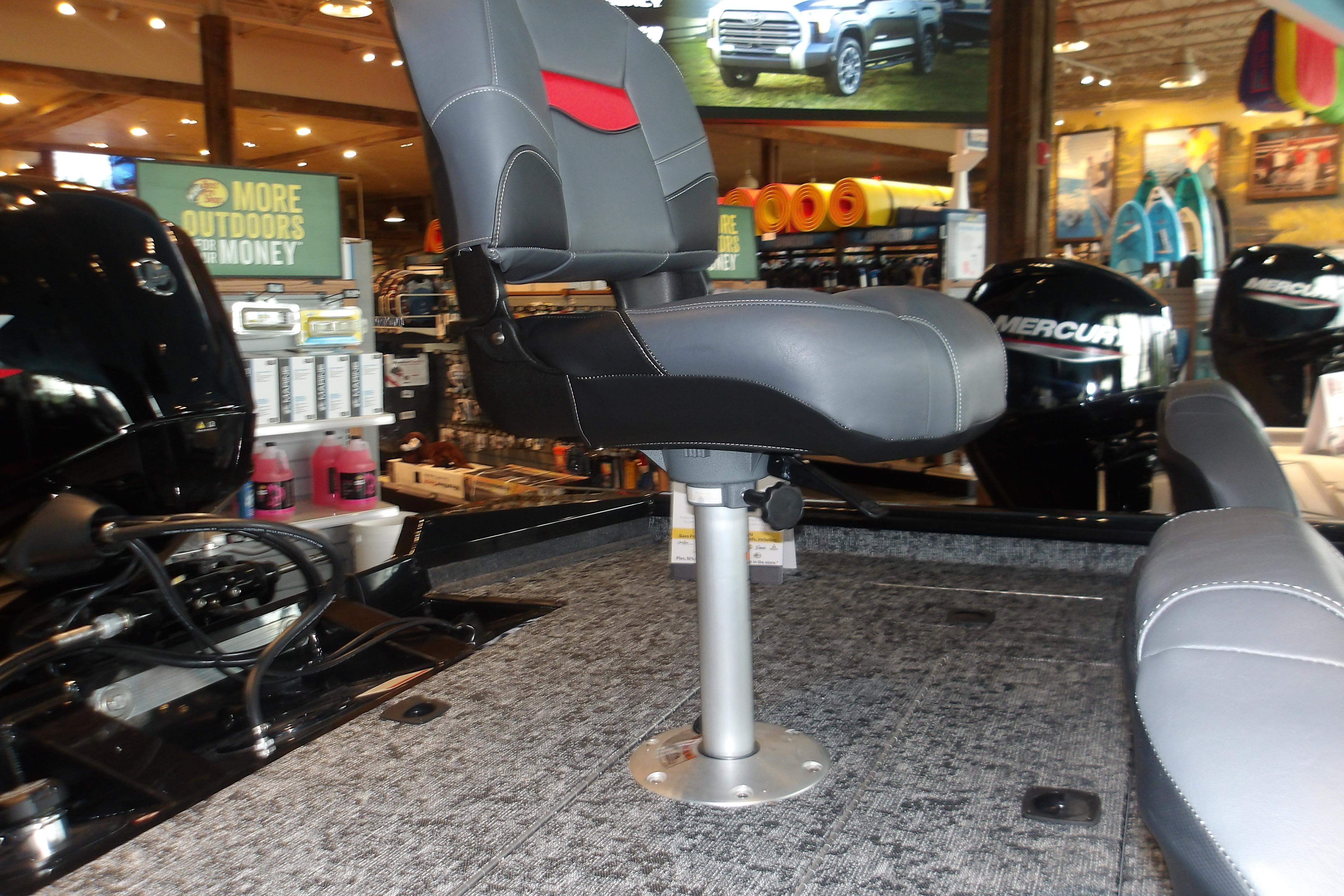 2026 Tracker Pro Team 175 Crappie Edition boat seat in showroom display.