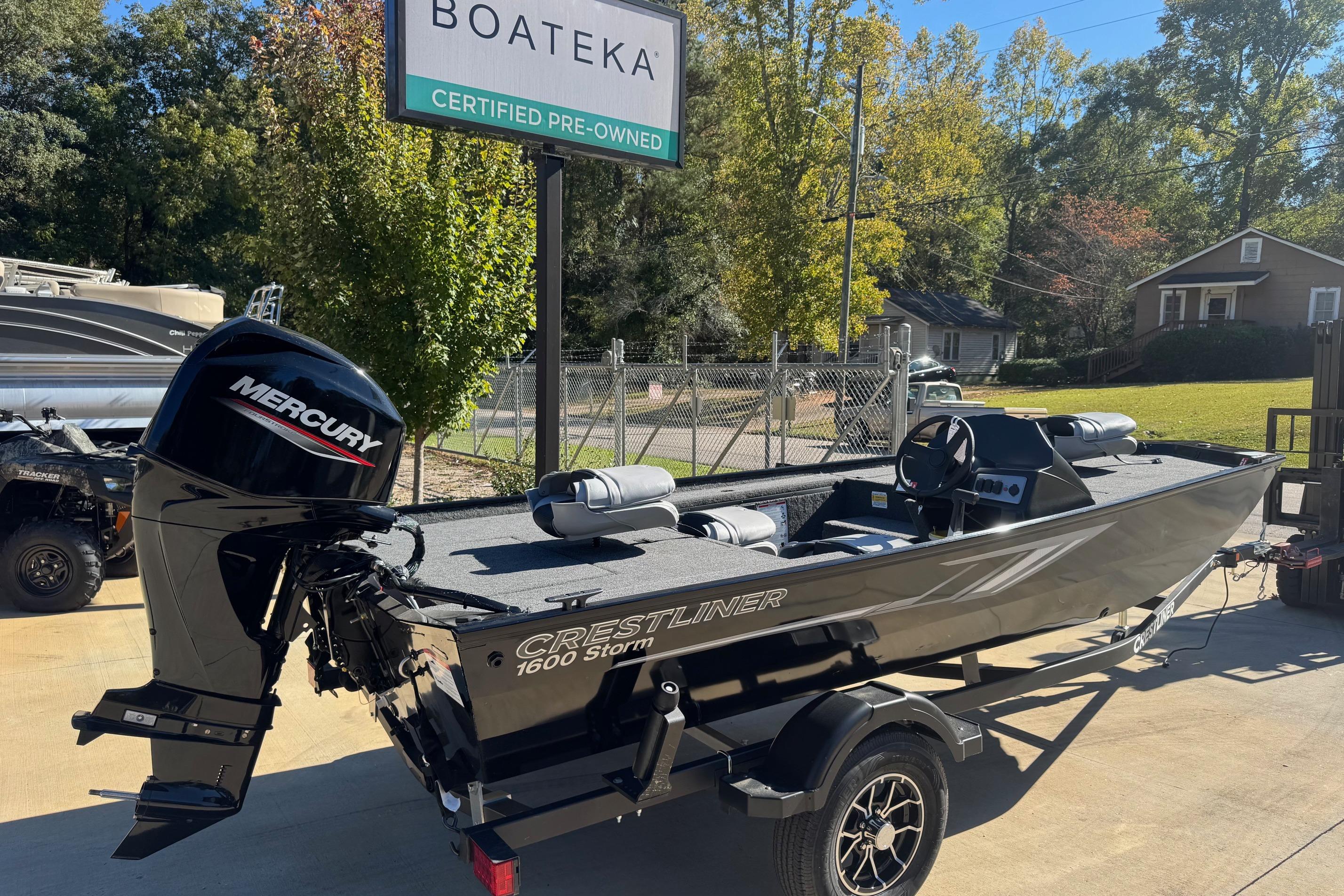 2026 Crestliner 1600 Storm boat with Mercury engine at Boateka, certified pre-owned.