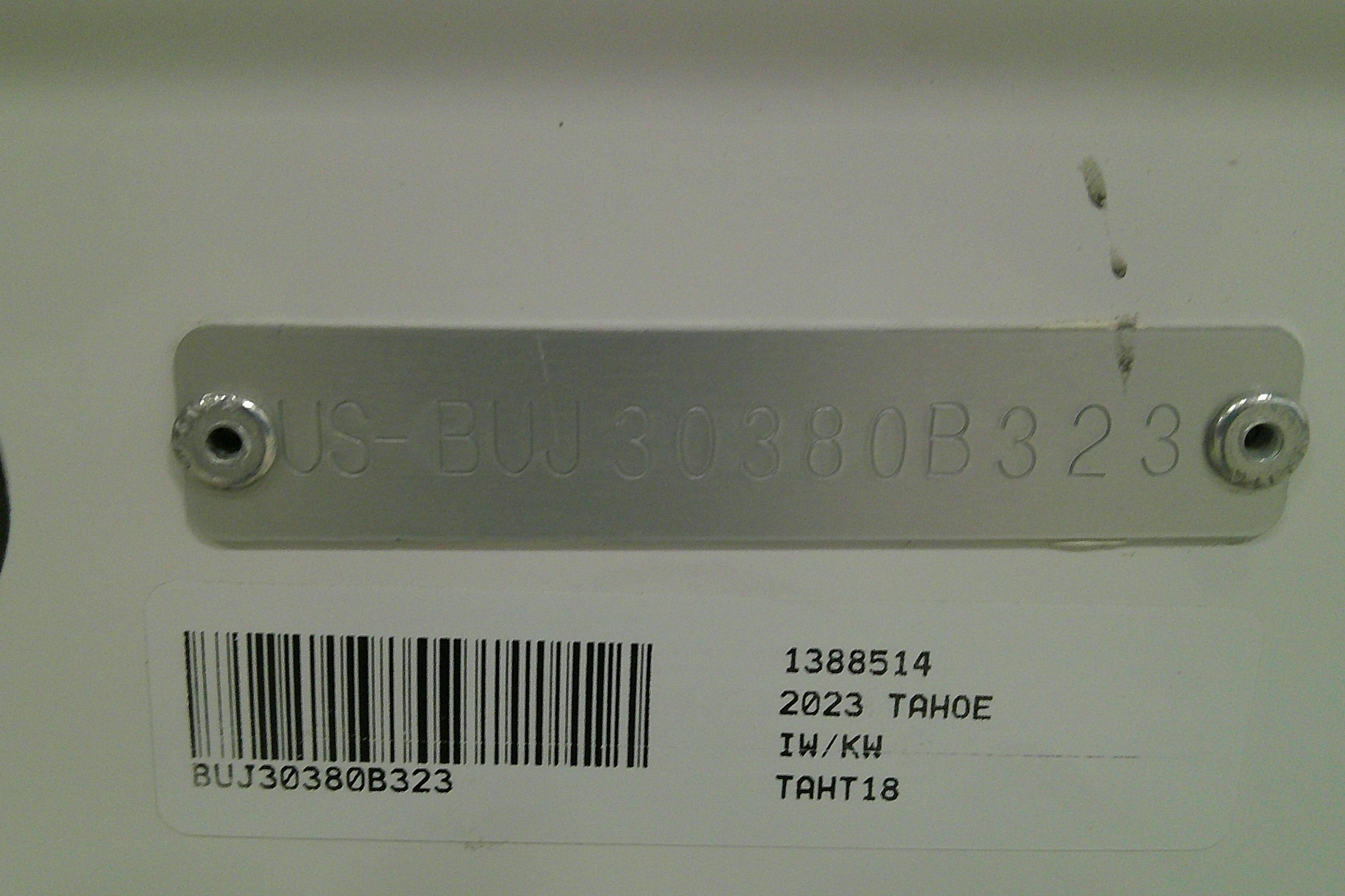 2023 Tahoe T18 identification plate with serial number and barcode.
