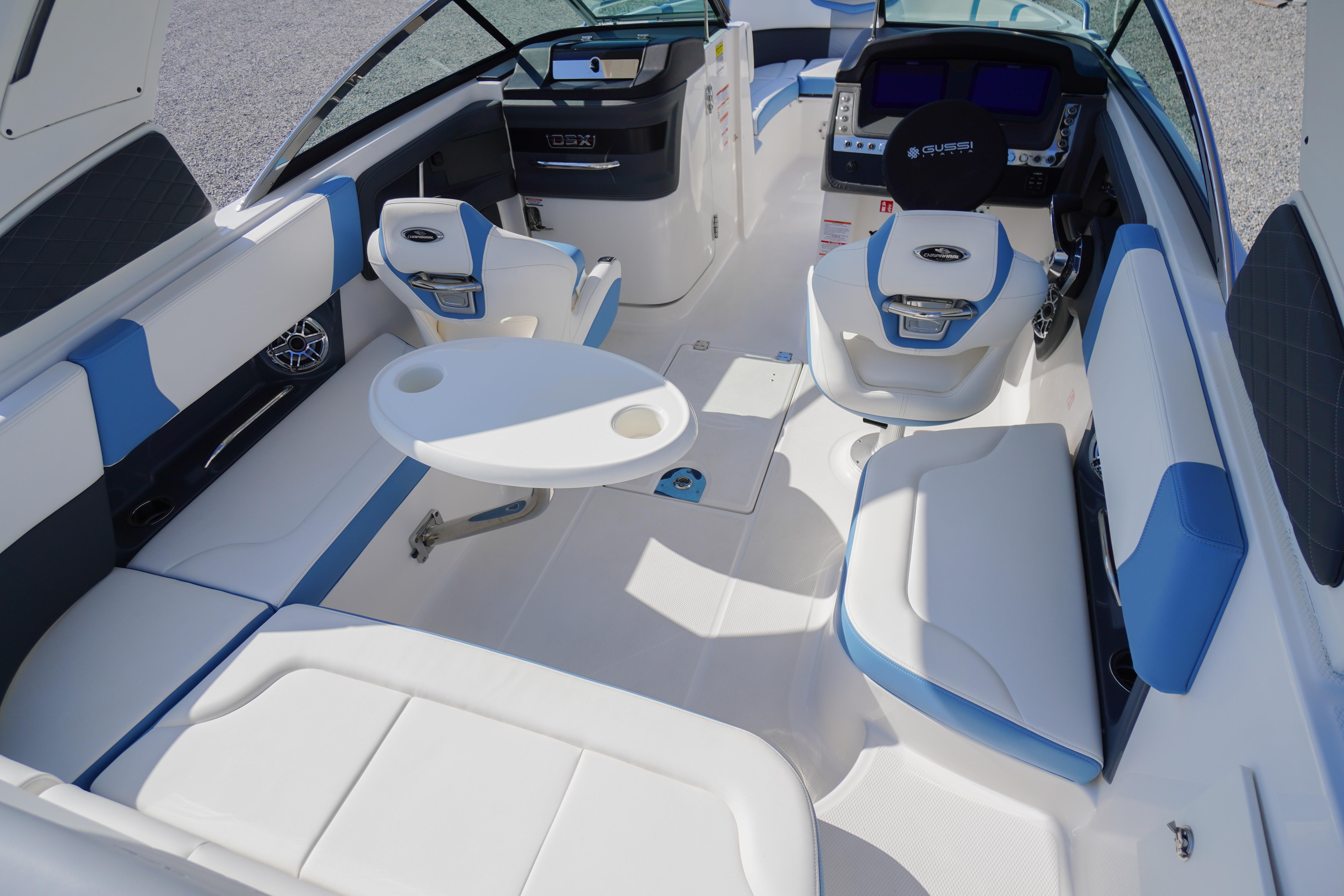 Interior of 2026 Chaparral 270 OSX boat with modern seating and sleek design.
