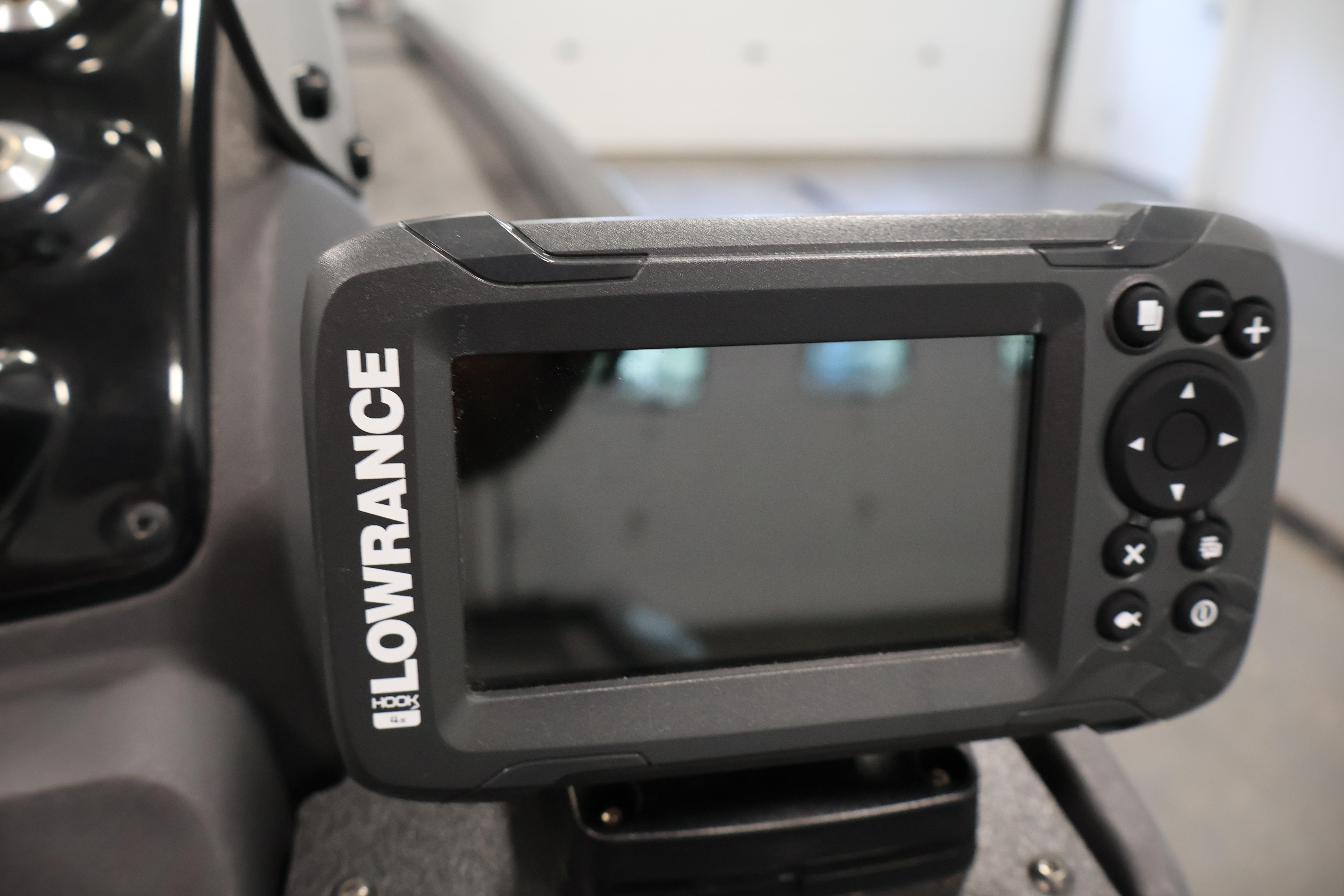 Lowrance fish finder on 2024 Tracker Pro 170 boat dashboard.