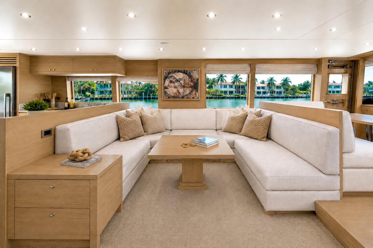 Luxurious interior of 2027 Offshore Yachts 70 CE with elegant seating and scenic views.