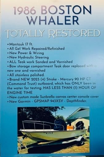 1986 Boston Whaler 17 Montauk, totally restored. New engines, wiring, and hydraulics. Teak work renewed.