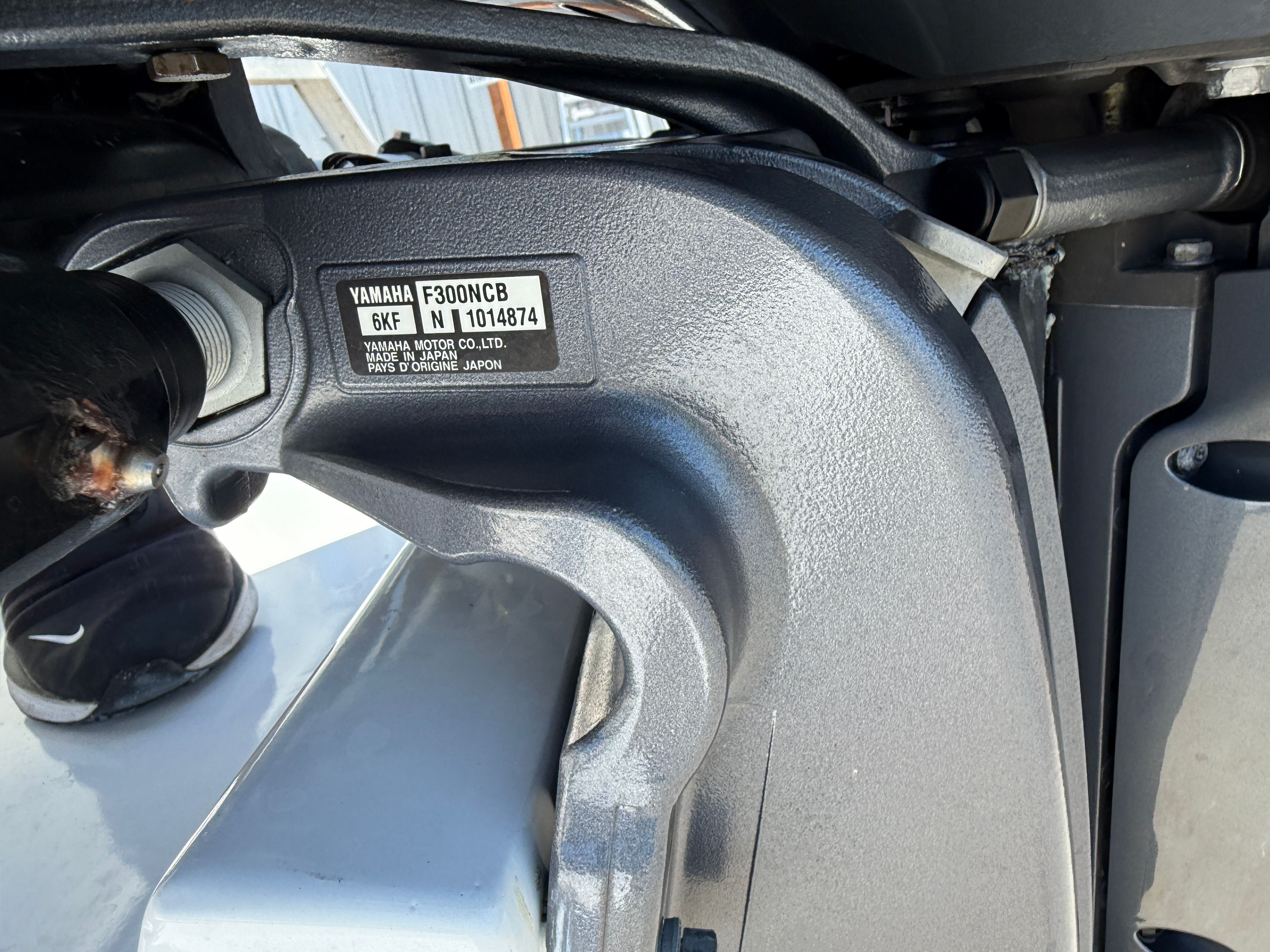 Close-up of a Yamaha outboard motor on a boat.
