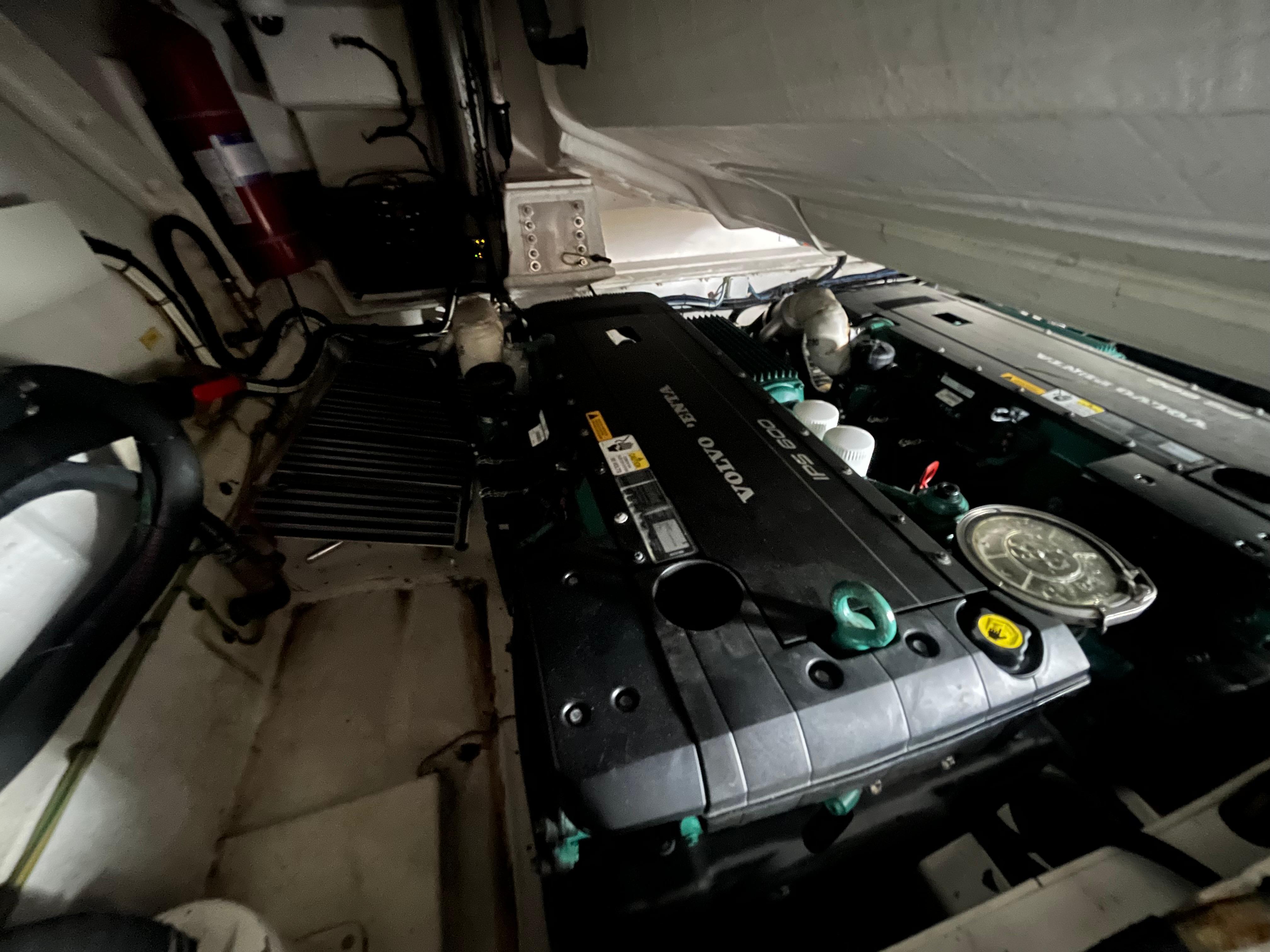 Engine room of a 2014 Azimut 55S yacht featuring a Volvo Penta engine.