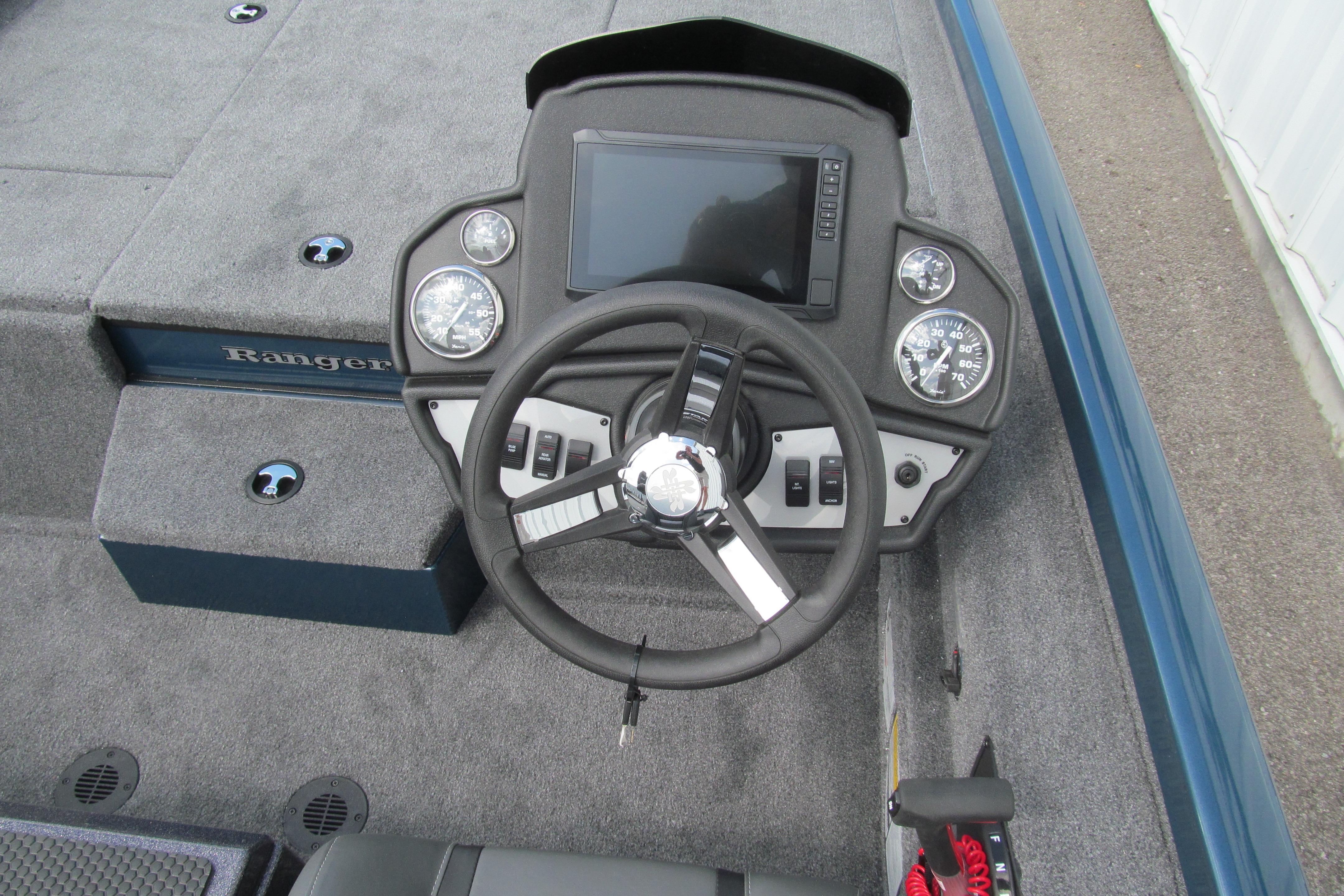 2026 Ranger RT198P boat dashboard with steering wheel and control panel.