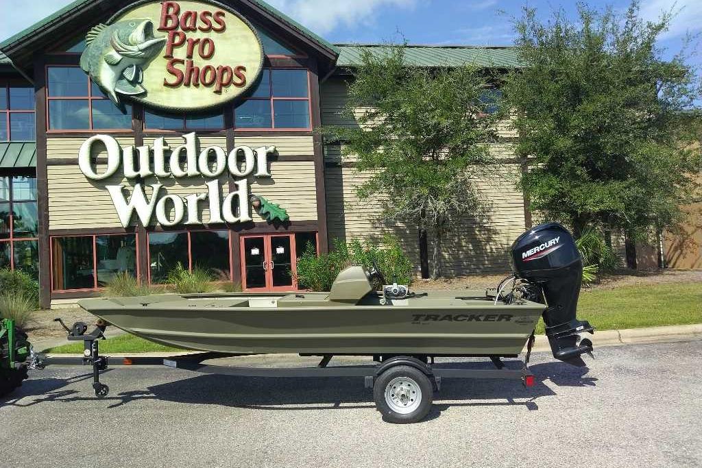 2026 Tracker Grizzly 1648 SC boat outside Bass Pro Shops Outdoor World.