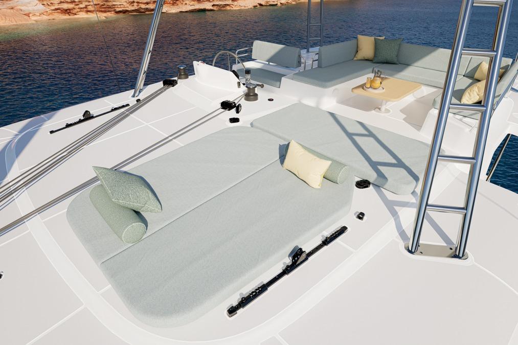 Luxurious deck of Lagoon 47 yacht, 2026 model, featuring stylish seating.