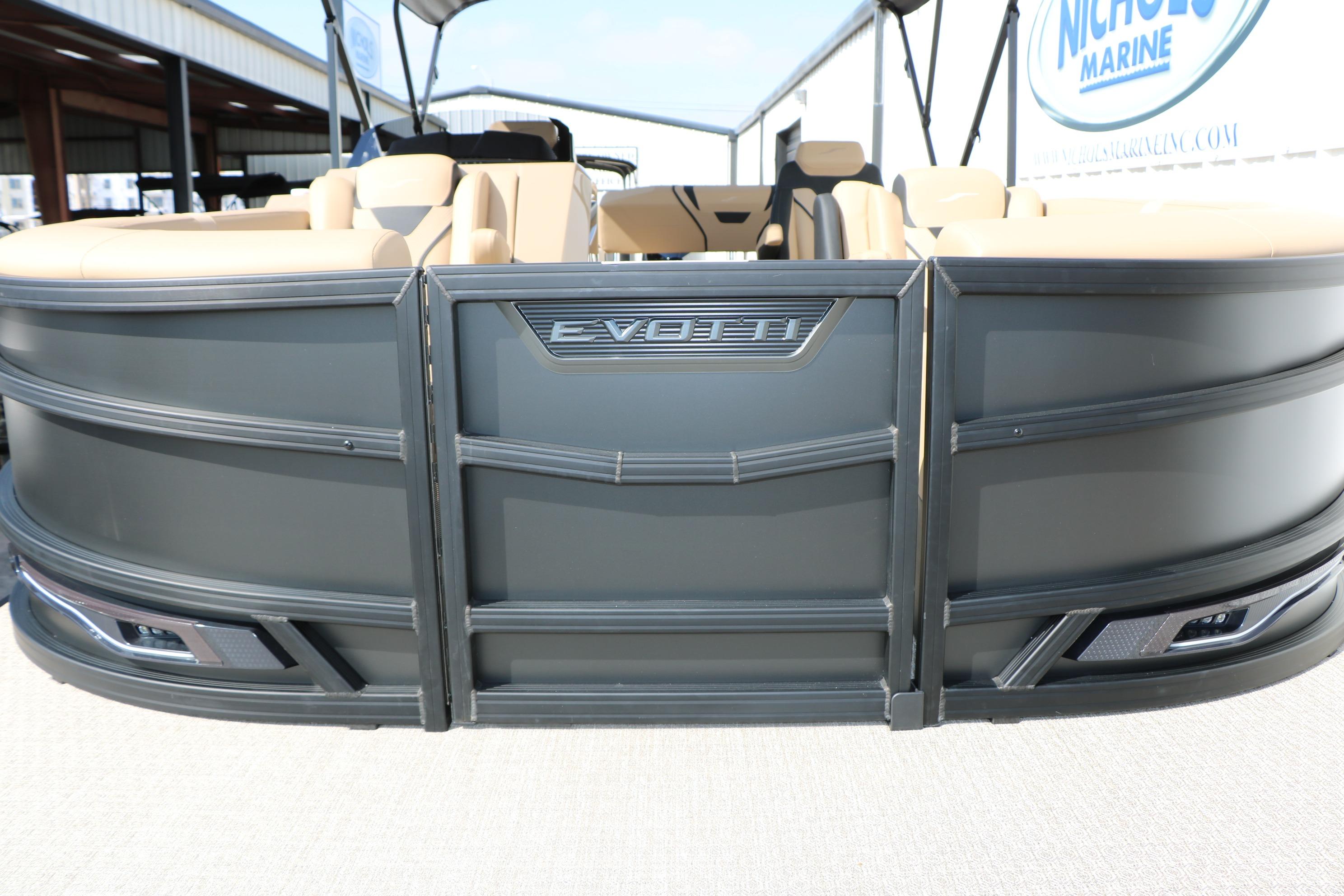 2026 Evotti 723CS pontoon boat with sleek design and beige seating.