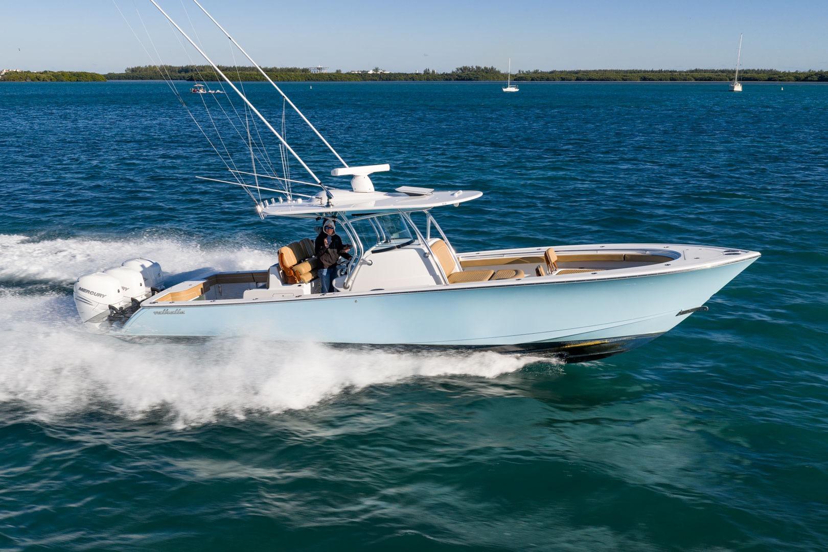2022 Valhalla Boatworks V-37 cruising on open water, showcasing sleek design and performance.