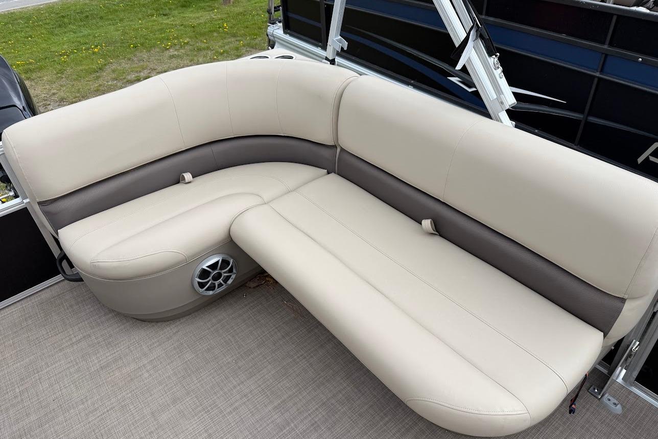 Luxurious seating on 2025 Sun Tracker Party Barge 16 DLX pontoon boat.