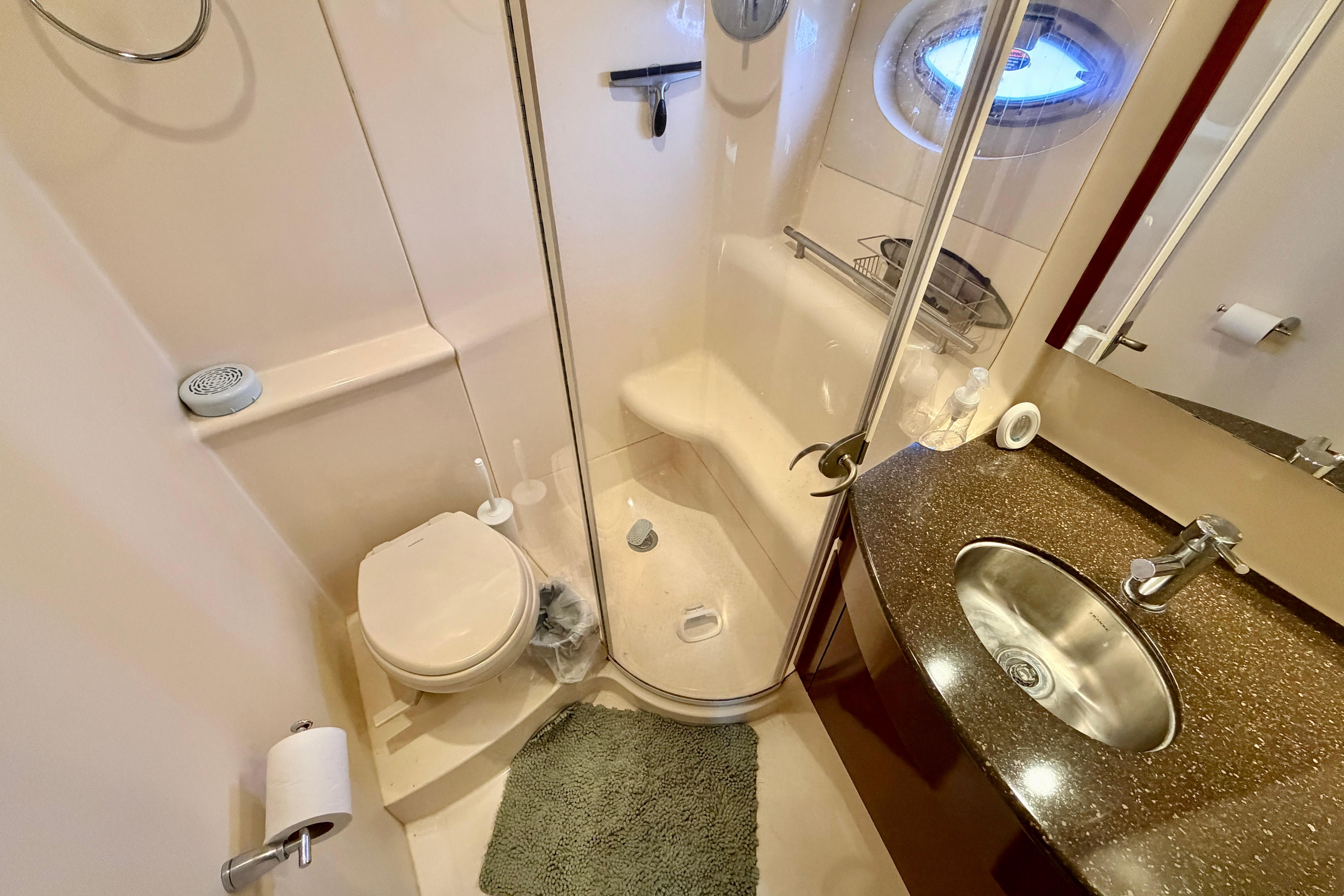 Bathroom interior of 2011 Meridian 441 Sedan yacht, featuring shower, toilet, and sink.