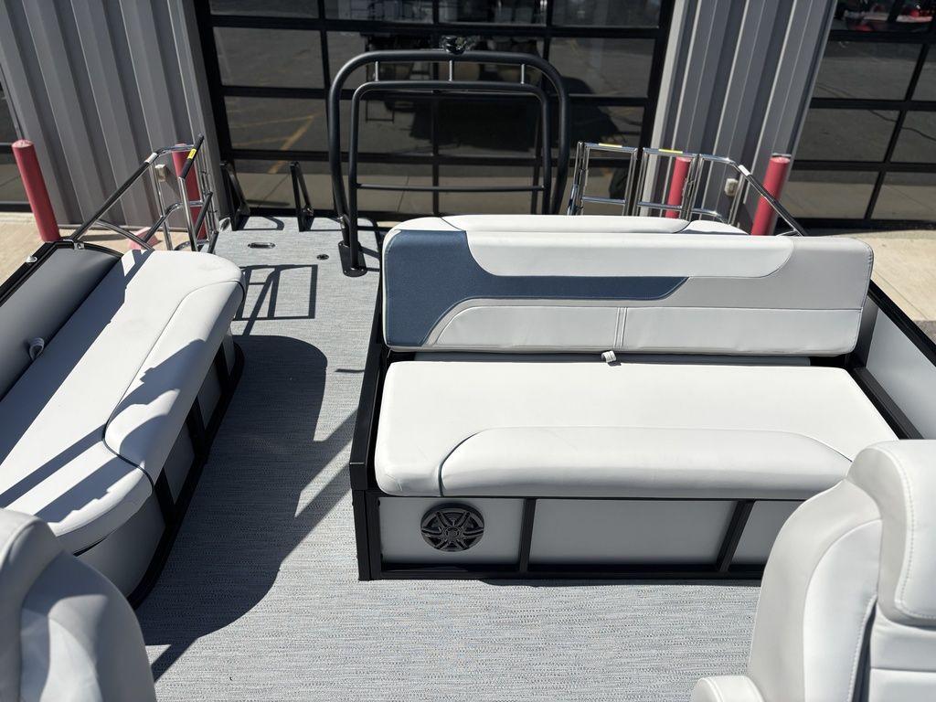 2026 Godfrey SWEETWATER 2286 SFL pontoon boat interior with white seating and modern design.