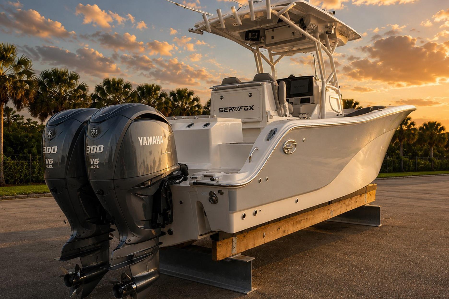 Sea Fox 228 Commander boat with Yamaha engines at sunset, 2002 model.