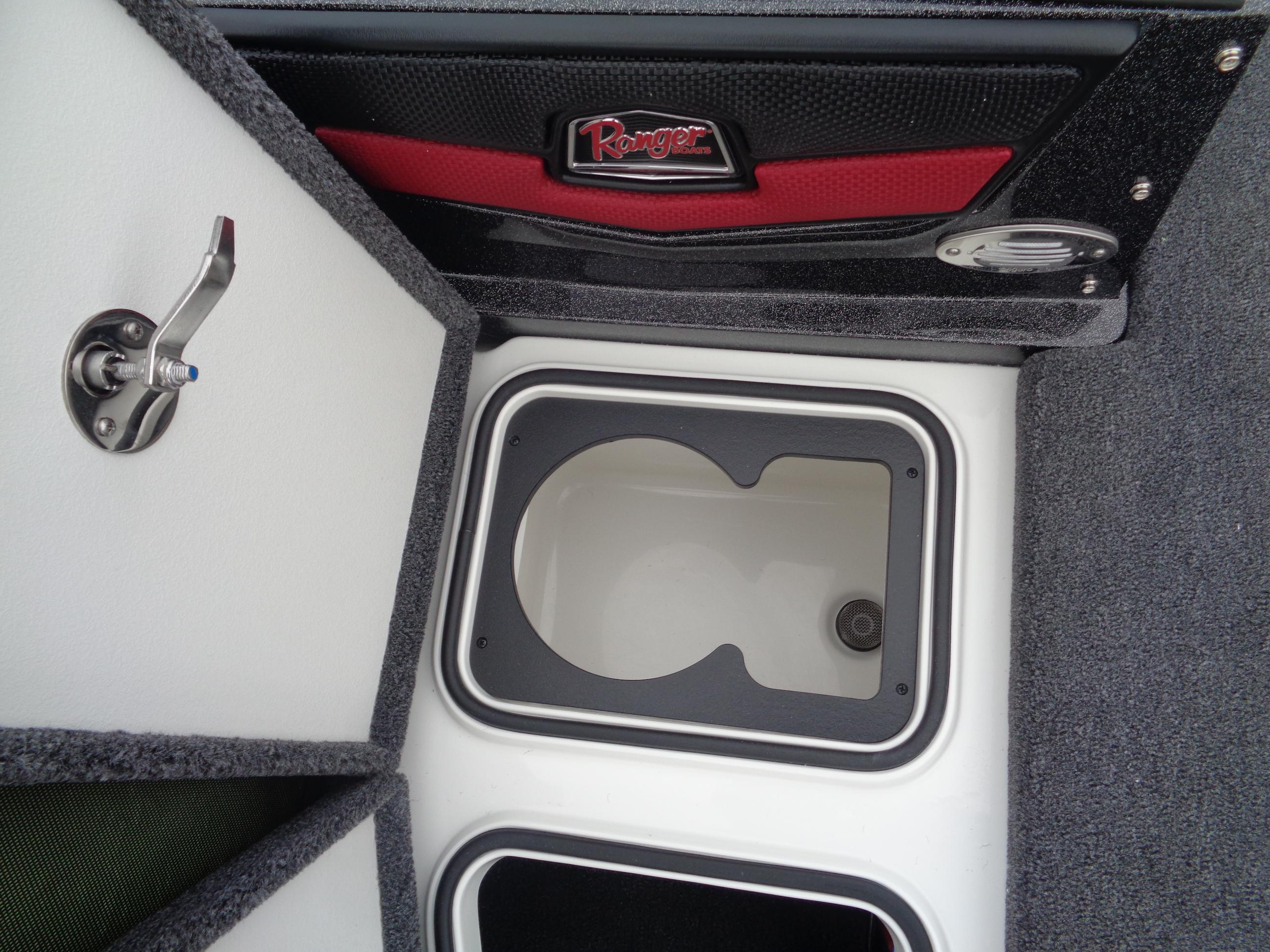 2025 Ranger 1880 MS Angler boat storage compartments with open hatch and logo.