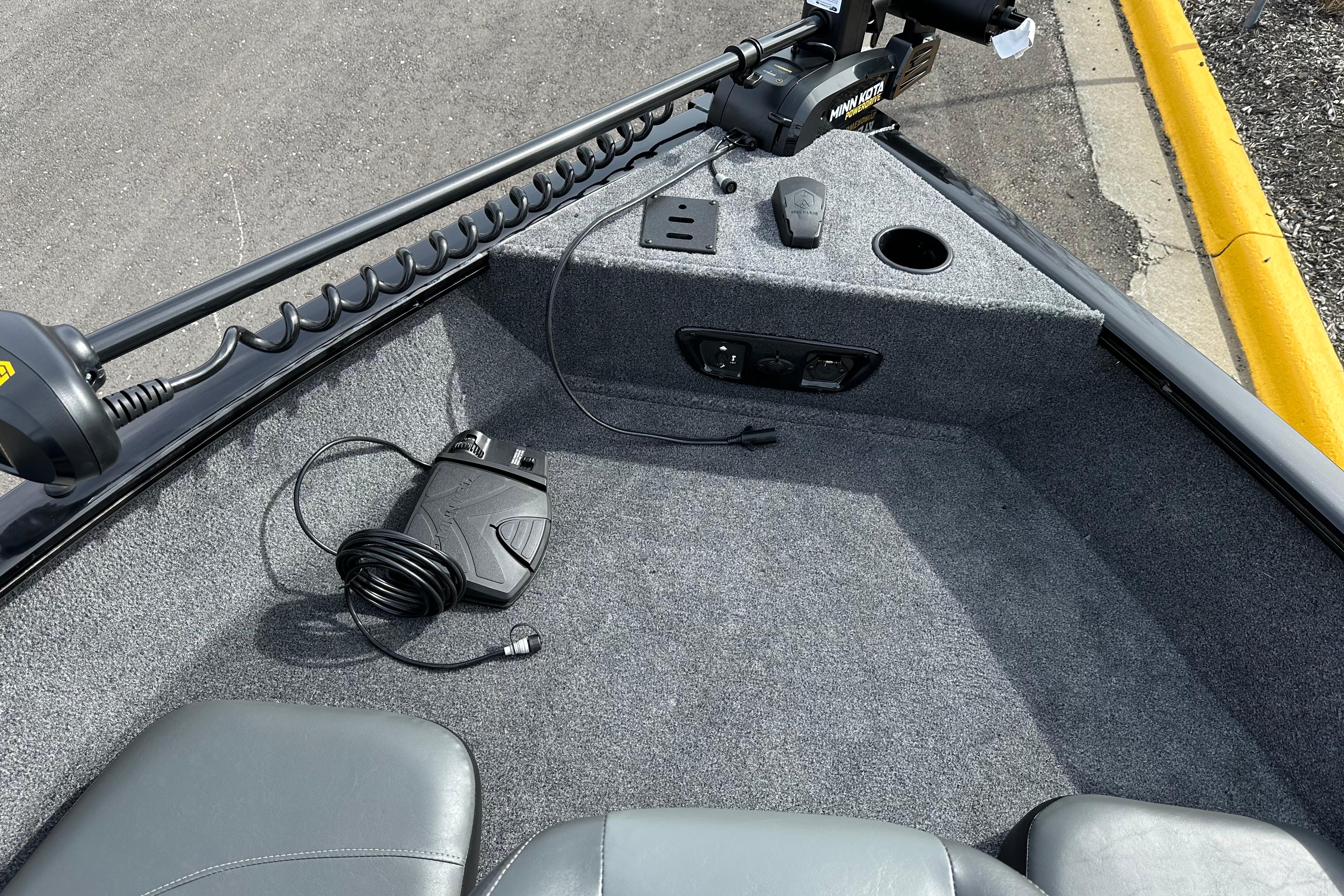 2026 Tracker Pro Guide V-175 Combo boat interior with trolling motor and foot pedal.