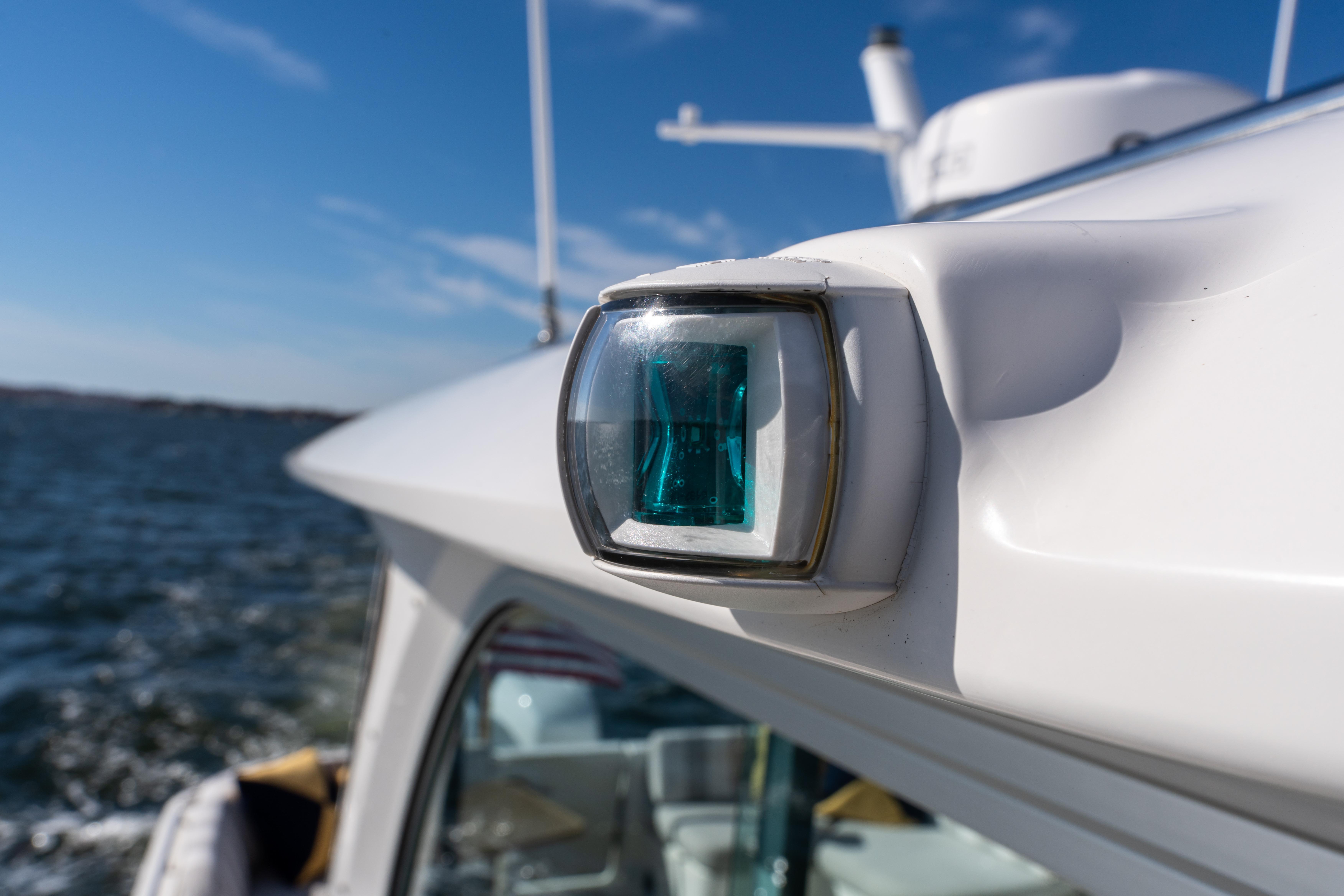Close-up of 2023 Back Cove 340 boat's navigation light on a sunny day.