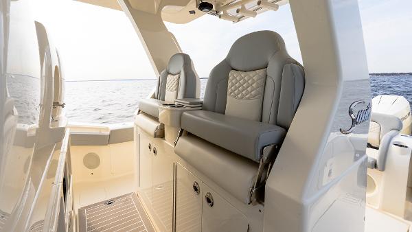 2025 Scout 425 LXF boat interior with luxurious seating and ocean view.