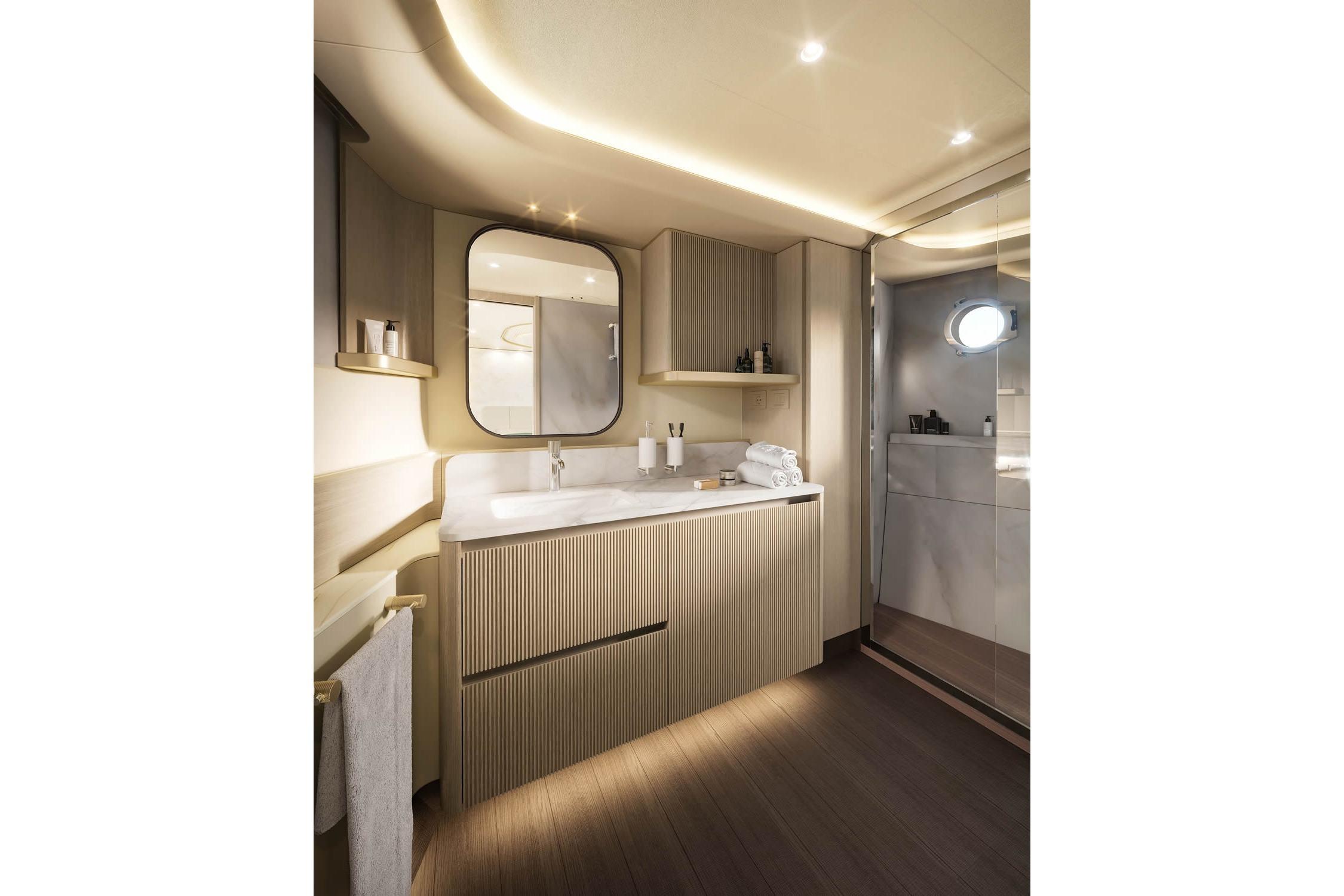 Luxurious bathroom interior of 2026 Absolute Navetta 66 yacht, featuring modern design and elegant fixtures.