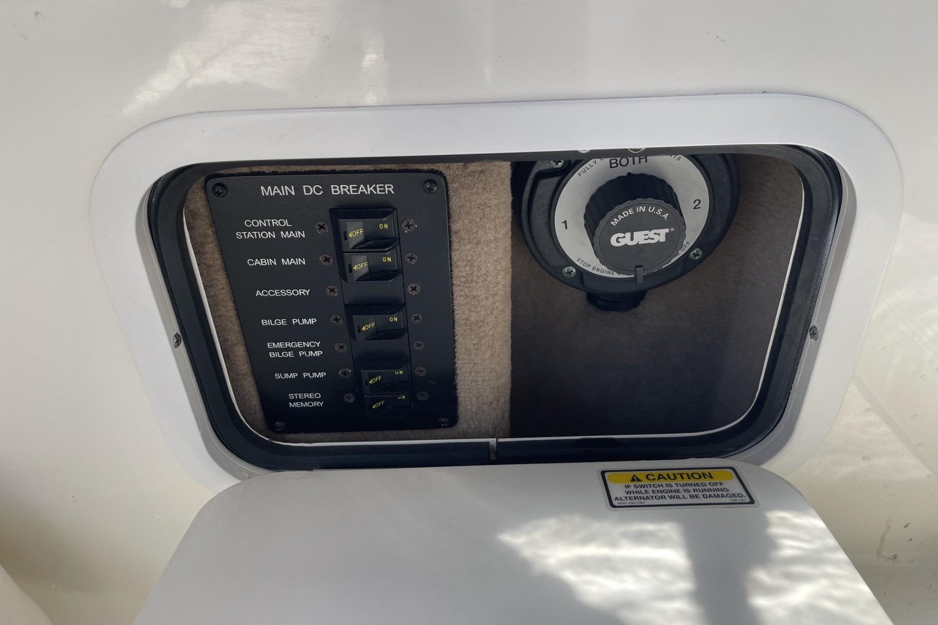 Main DC breaker panel on a 2000 Sea Ray Sundancer 260 boat.