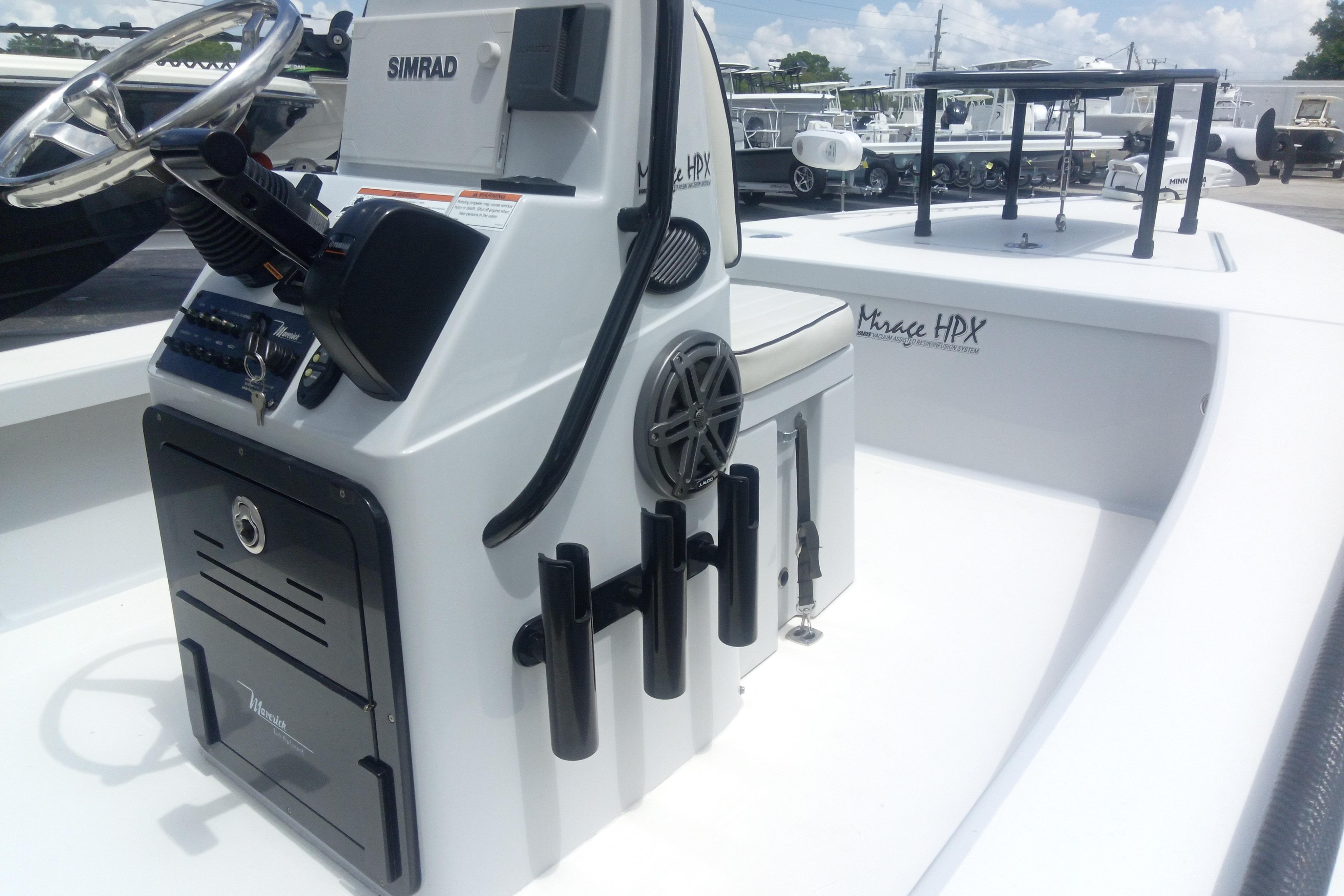 2020 Maverick 18 HPX-V boat console with steering wheel and controls.