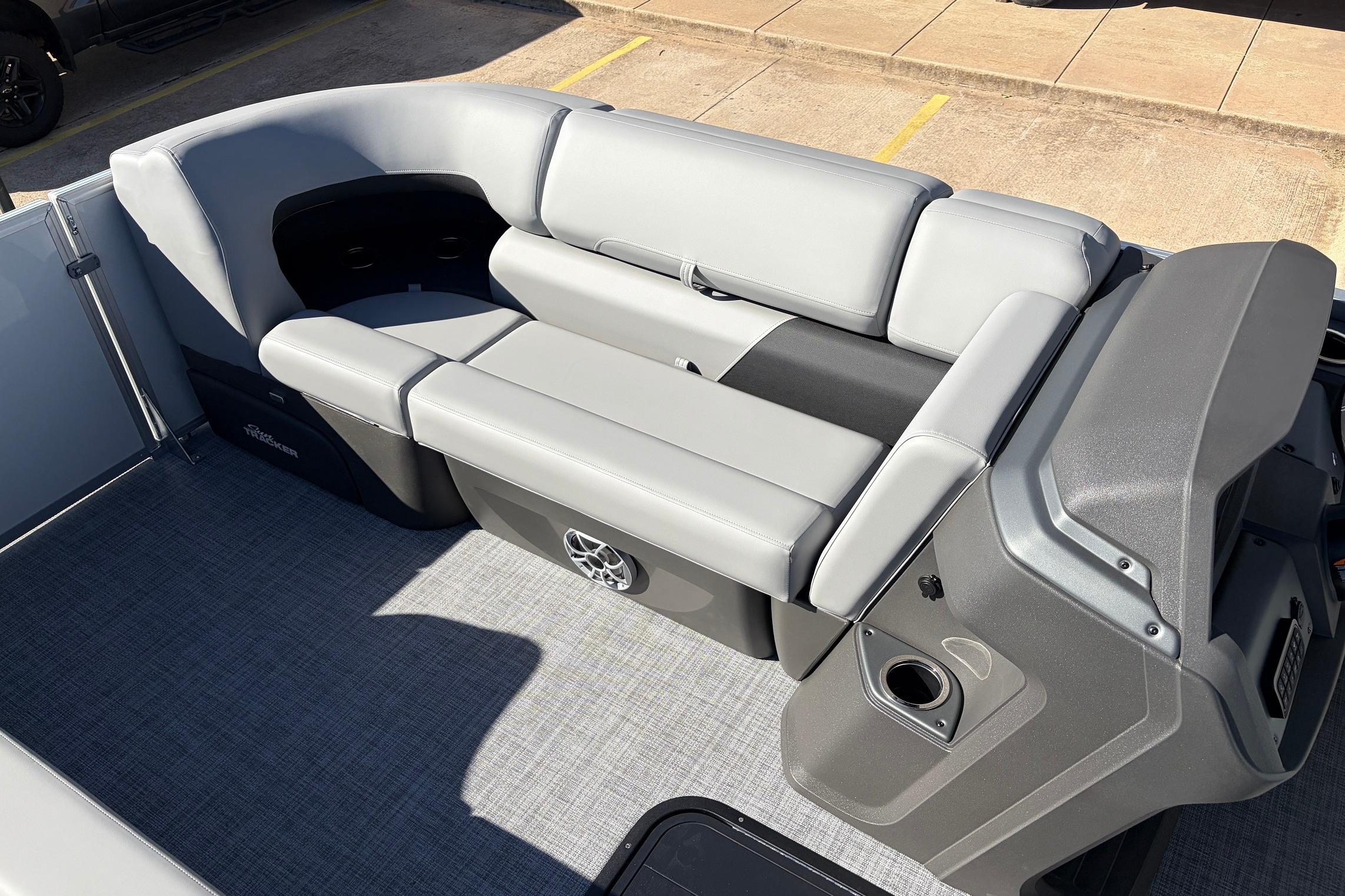 2026 Sun Tracker Party Barge 22 RF XP3 interior with gray seating and modern design.