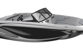 2026 Bayliner M17 boat with sleek black and white design, modern windshield, and spacious seating.