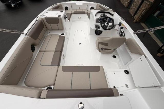 2026 Tahoe 2150 boat interior with spacious seating and modern steering console.