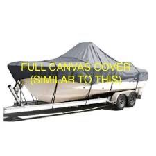 A boat with a full canvas cover on a trailer. Yellow text over the image.