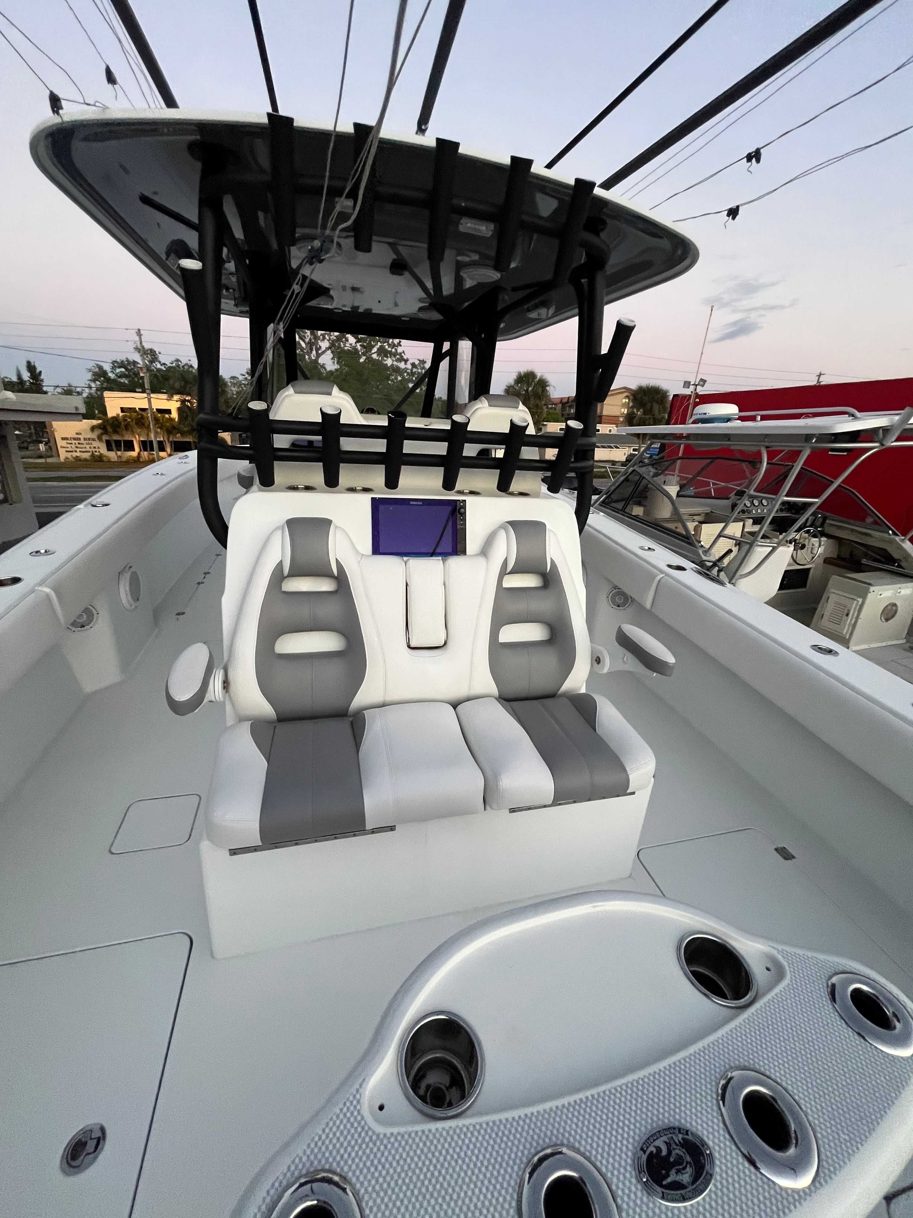 Interior of a 2017 Freeman 37VH boat with modern seating.