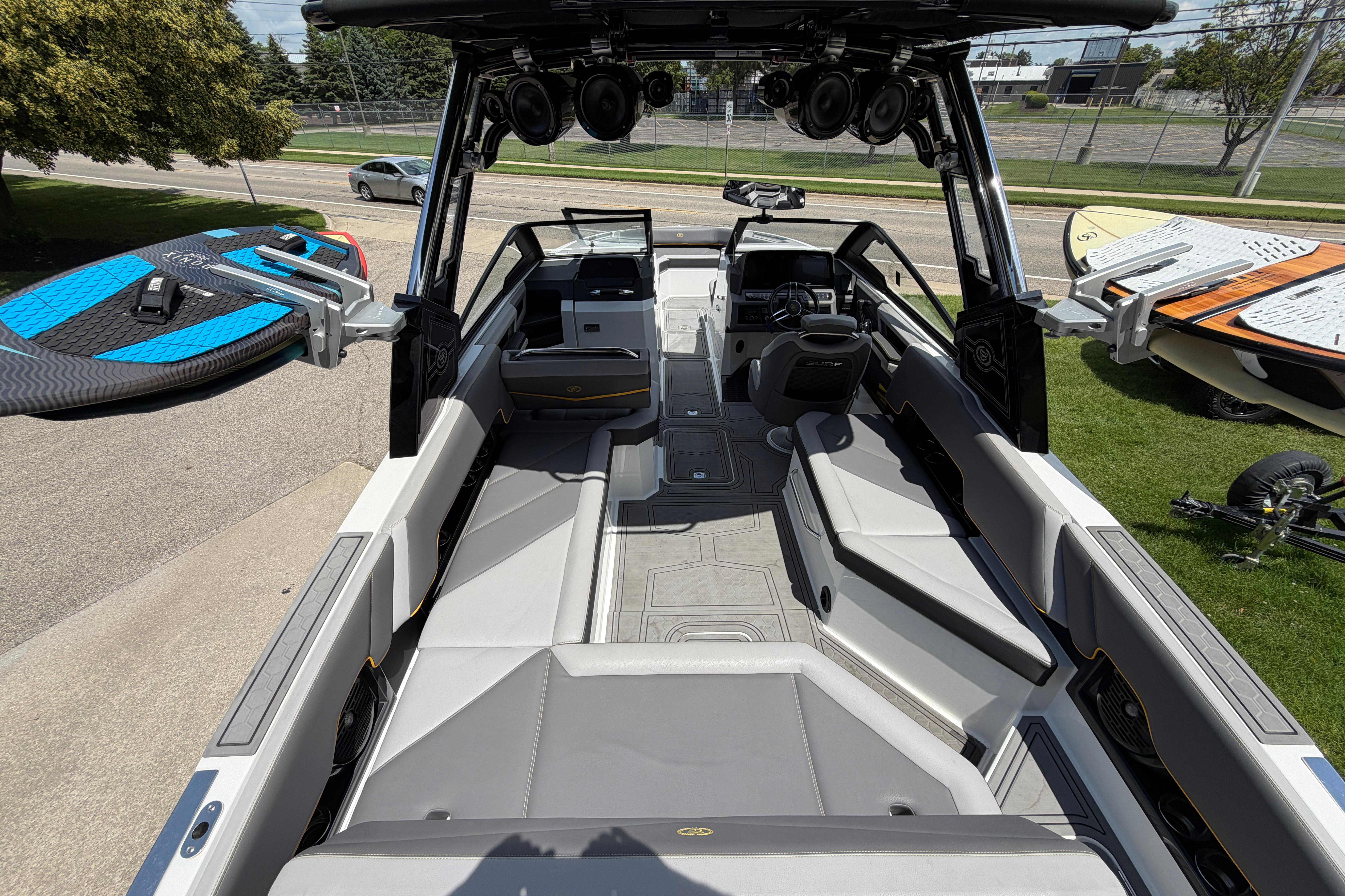 2021 Cobalt R8 Surf boat interior with sleek seating and advanced controls.