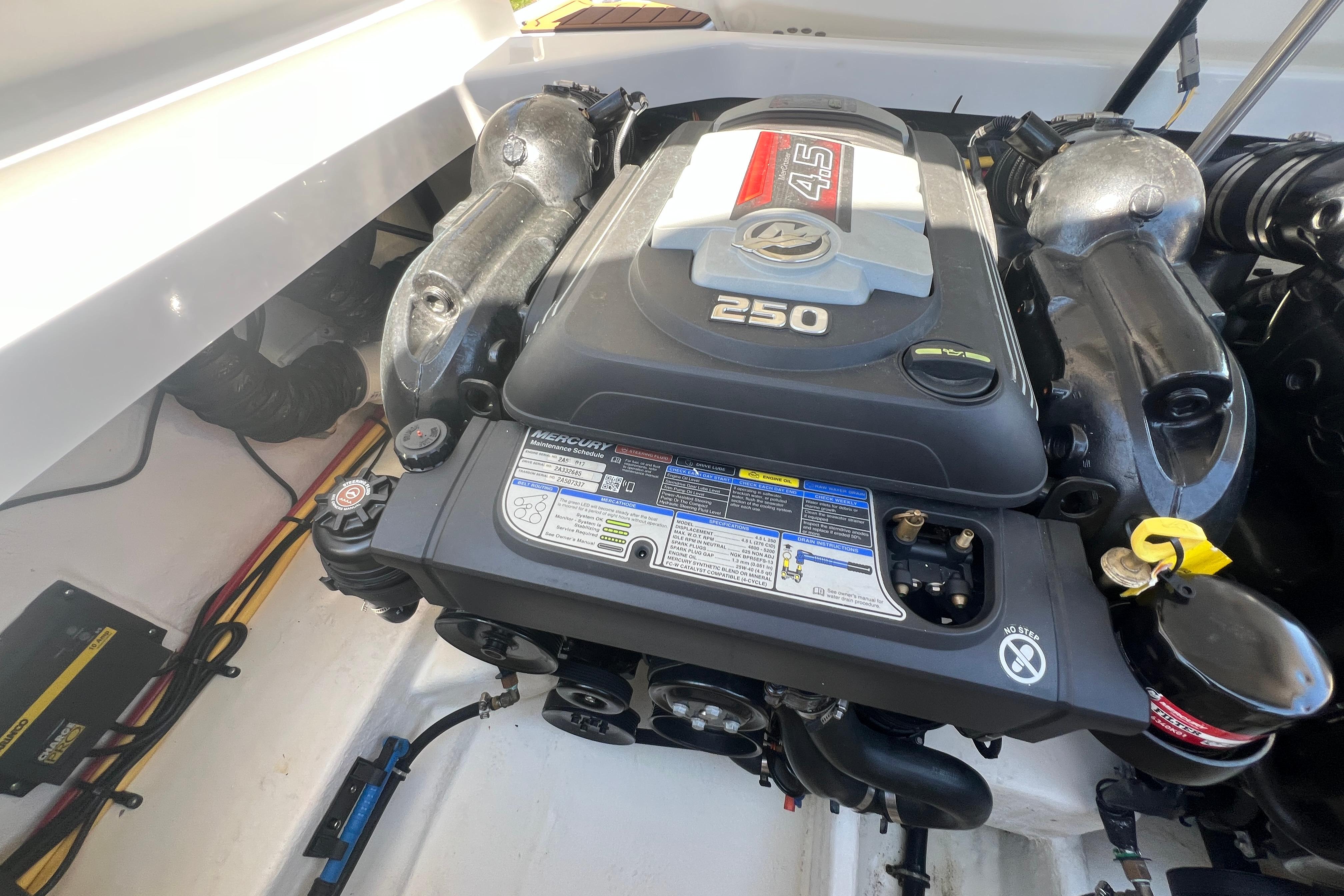 Engine compartment of a 2017 Monterey 298SS Super Sport boat, featuring a Mercury 4.5L 250 engine.