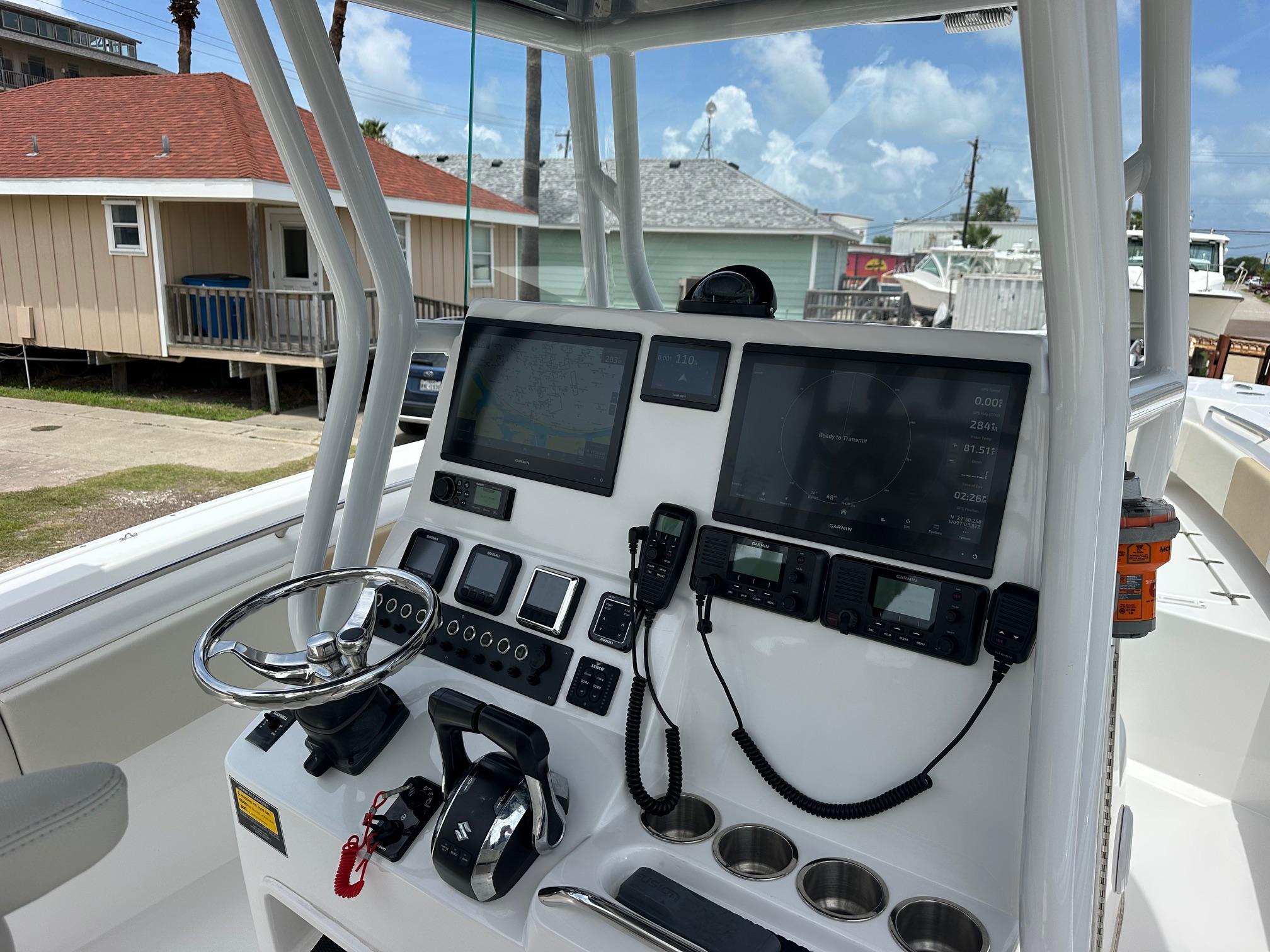 2023 Cape Horn 32xs boat console with advanced navigation and communication equipment.