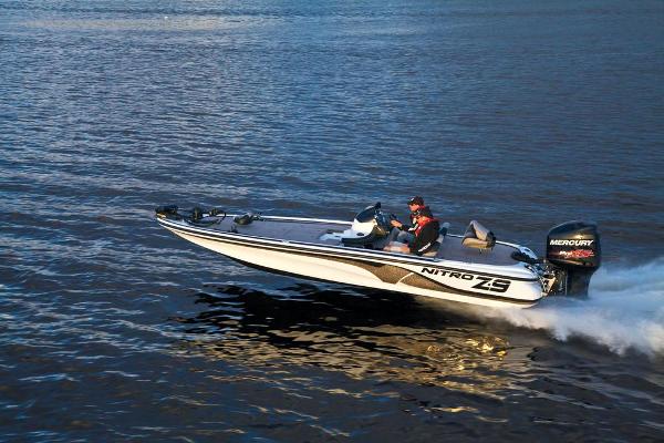 Manufacturer Provided Image: 2013 Nitro Z-8 boat speeding on open water, featuring Mercury engine.