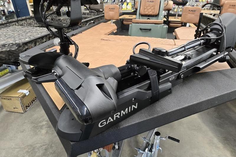Avid 207 Recon 2026 boat with Garmin trolling motor on deck.